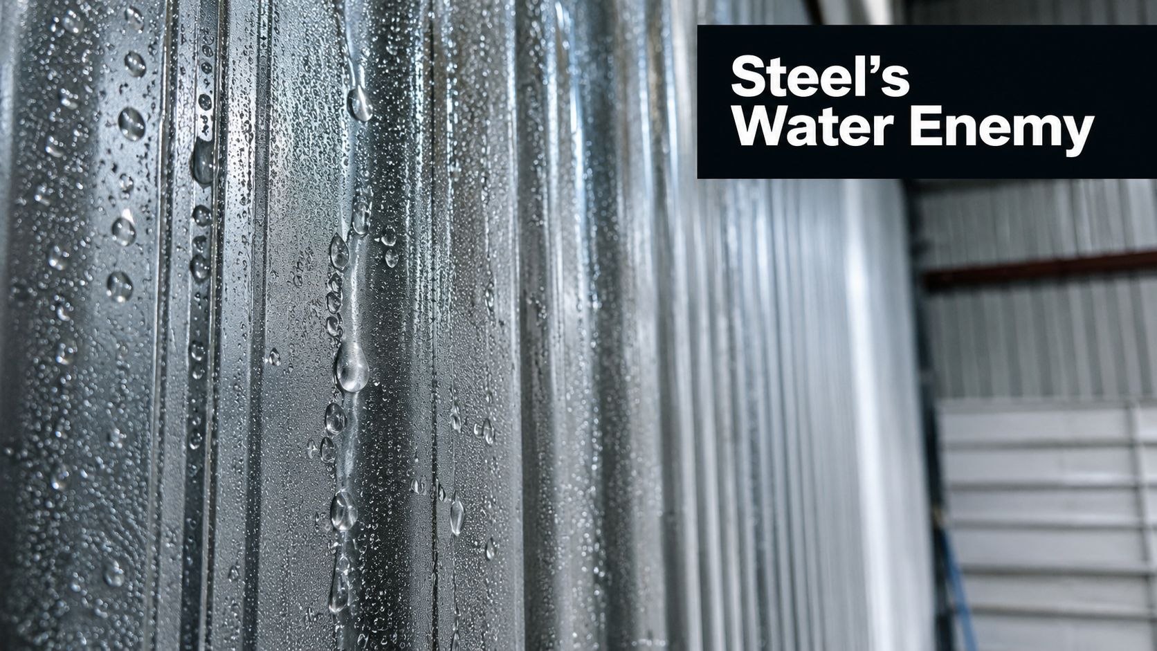 Close up view of condensation water droplets on a silver corrugated metal building wall panel.