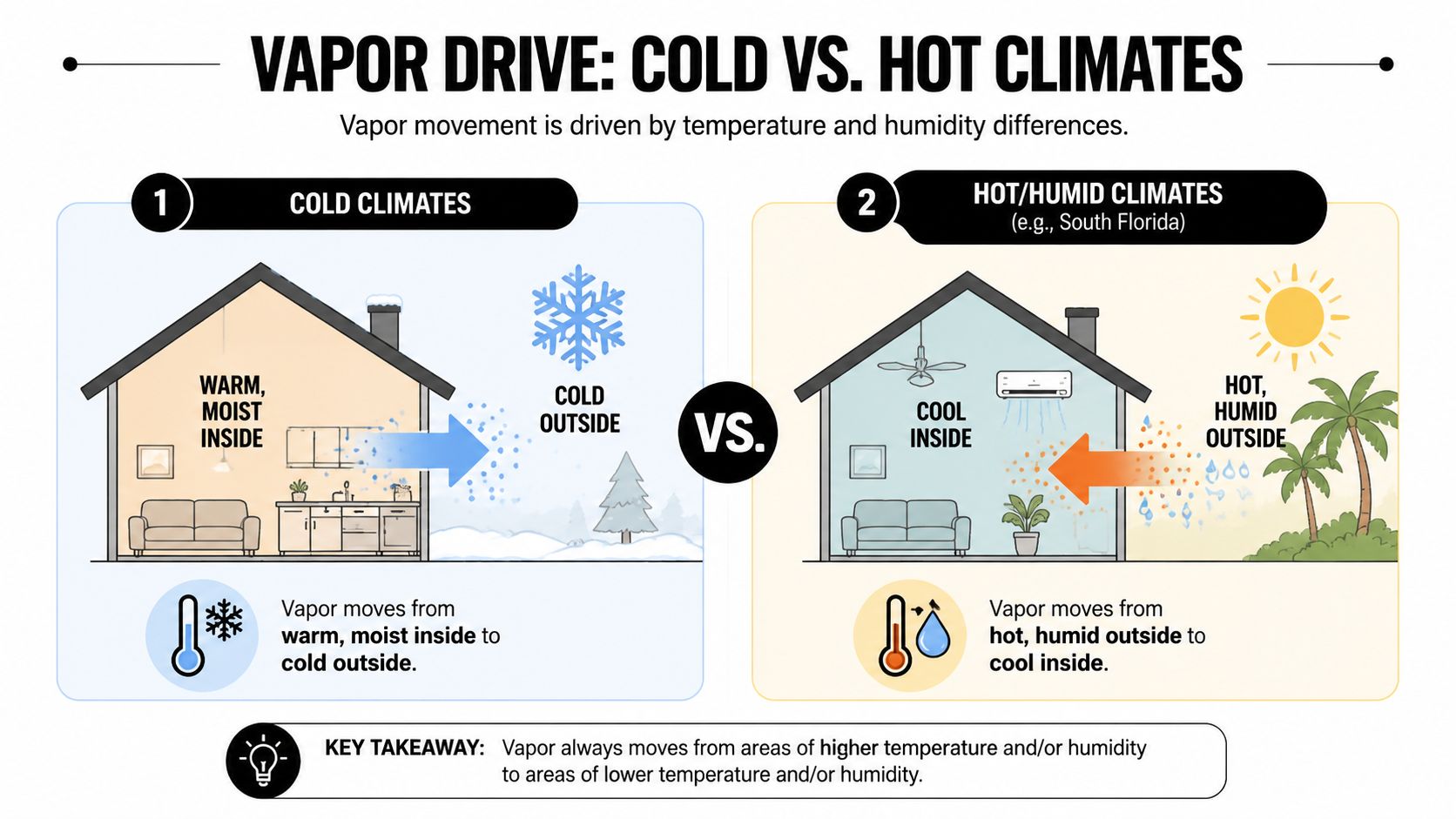 A diagram comparing vapor drive in cold climates versus hot, humid climates for building insulation.