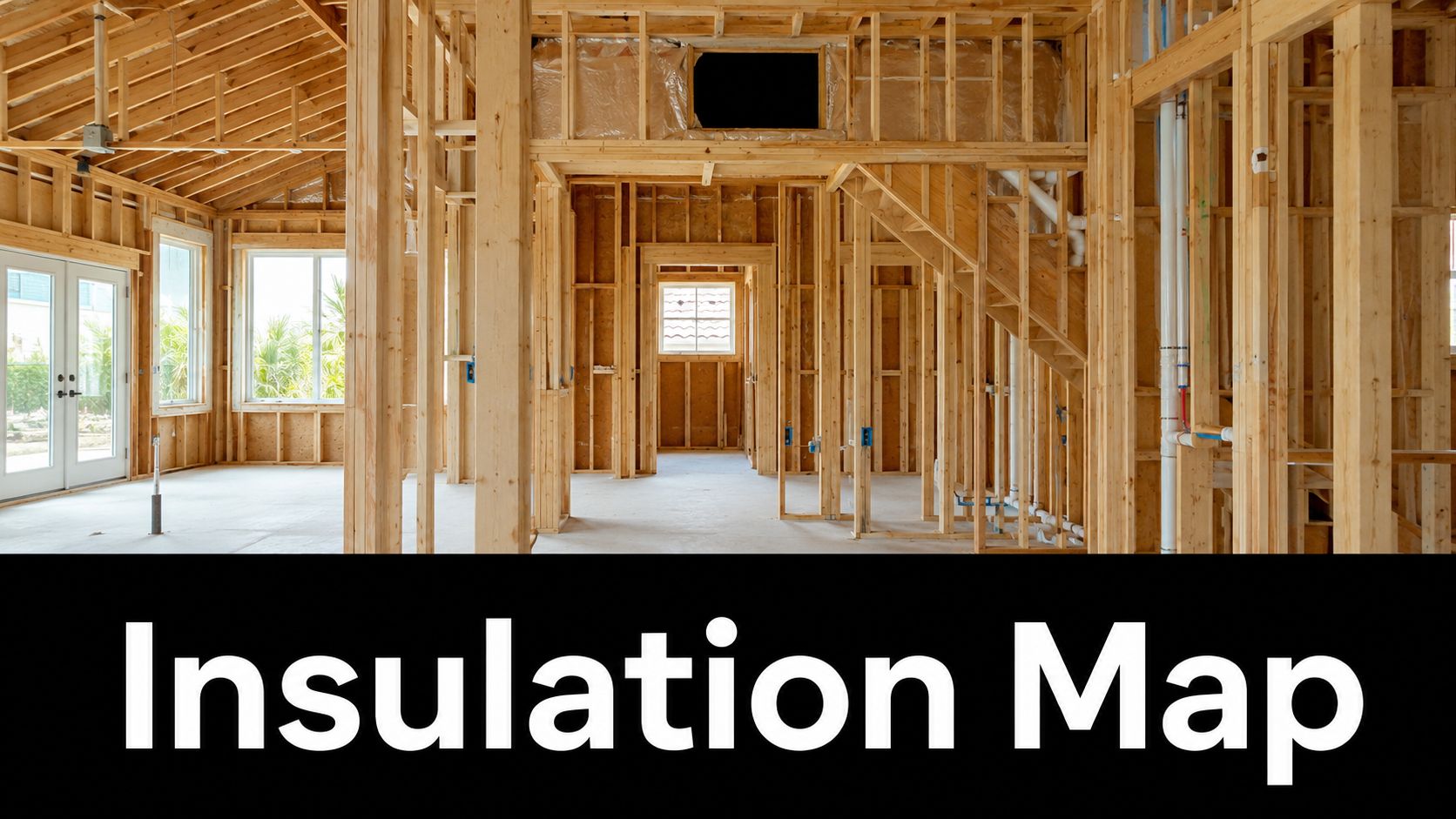 An unfinished wooden frame of a house interior showing wall studs, ceiling rafters, and plumbing pipes.