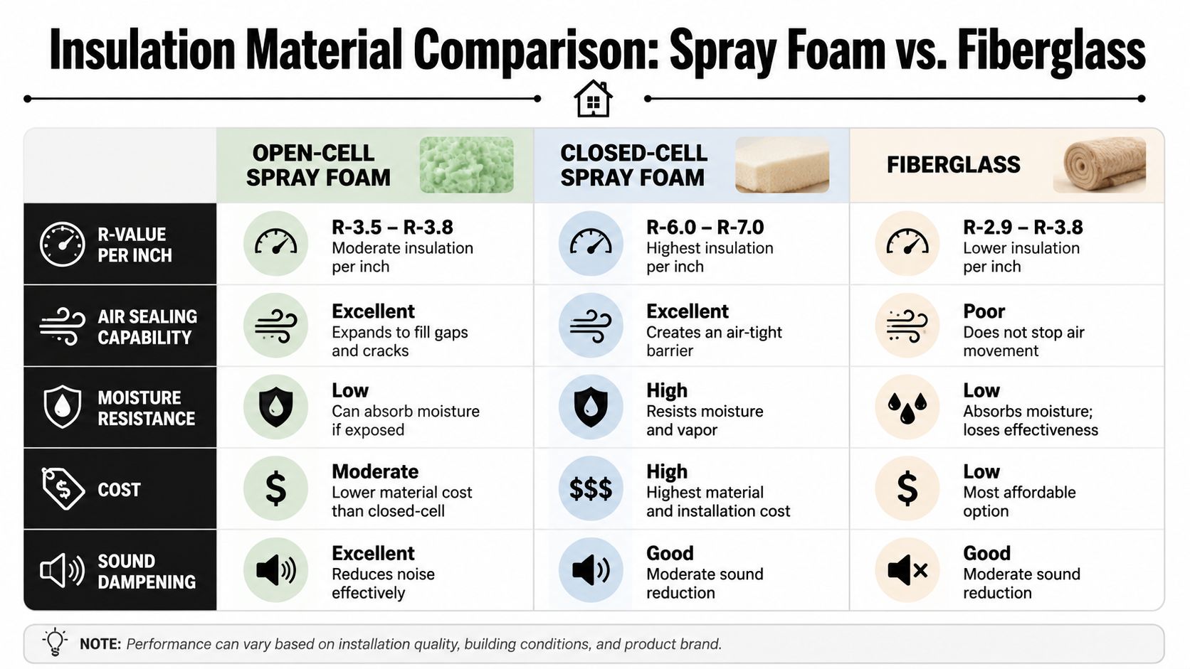 A comparison chart showing R-value, air sealing, moisture resistance, cost, and sound dampening of insulation materials.