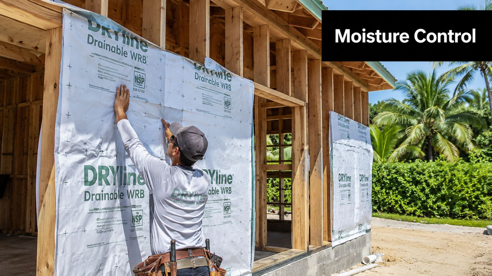 A construction worker installing moisture-resistant barrier paper onto the wooden framing of a house under construction.