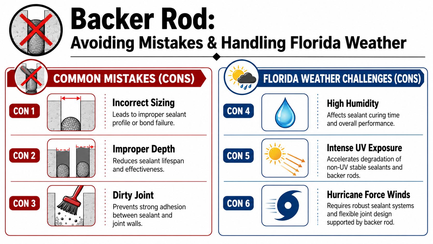An infographic detailing common backer rod installation mistakes and specific challenges posed by Florida weather conditions.