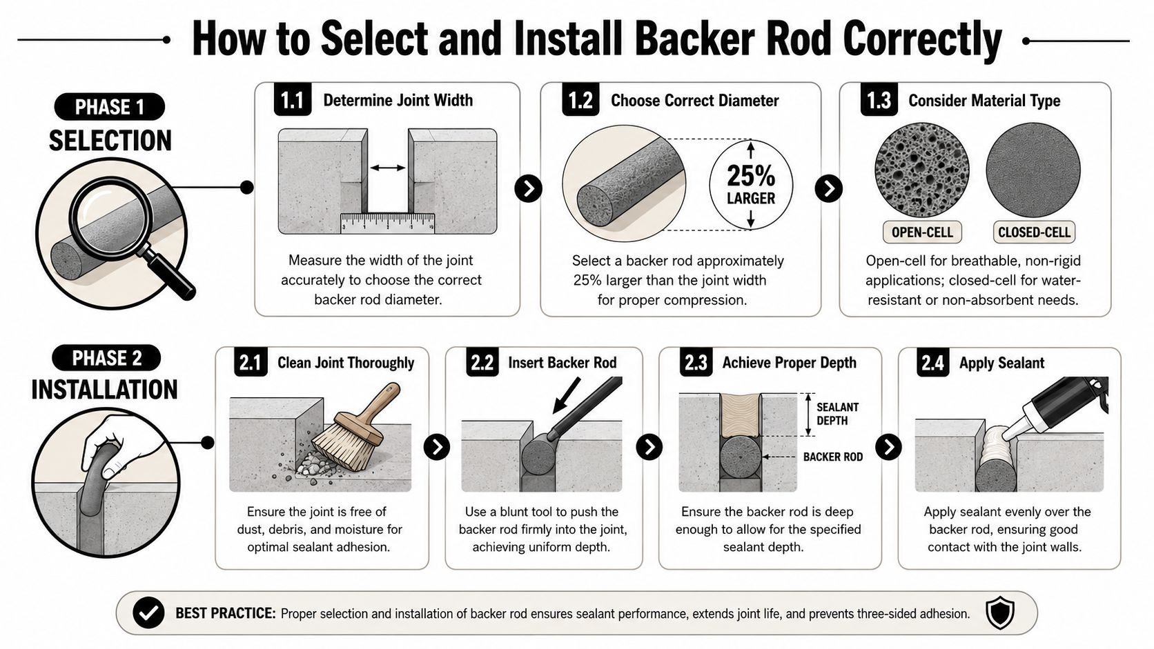 An infographic detailing the correct steps to select and install backer rod for sealing construction joints.