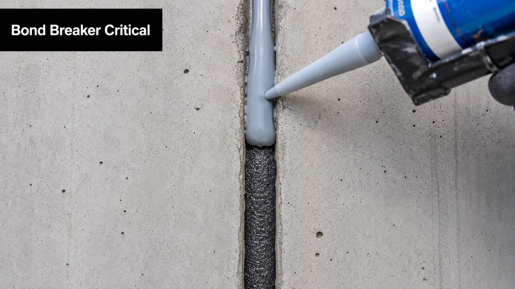A close-up shot showing a construction worker applying sealant over an open cell foam backer rod.
