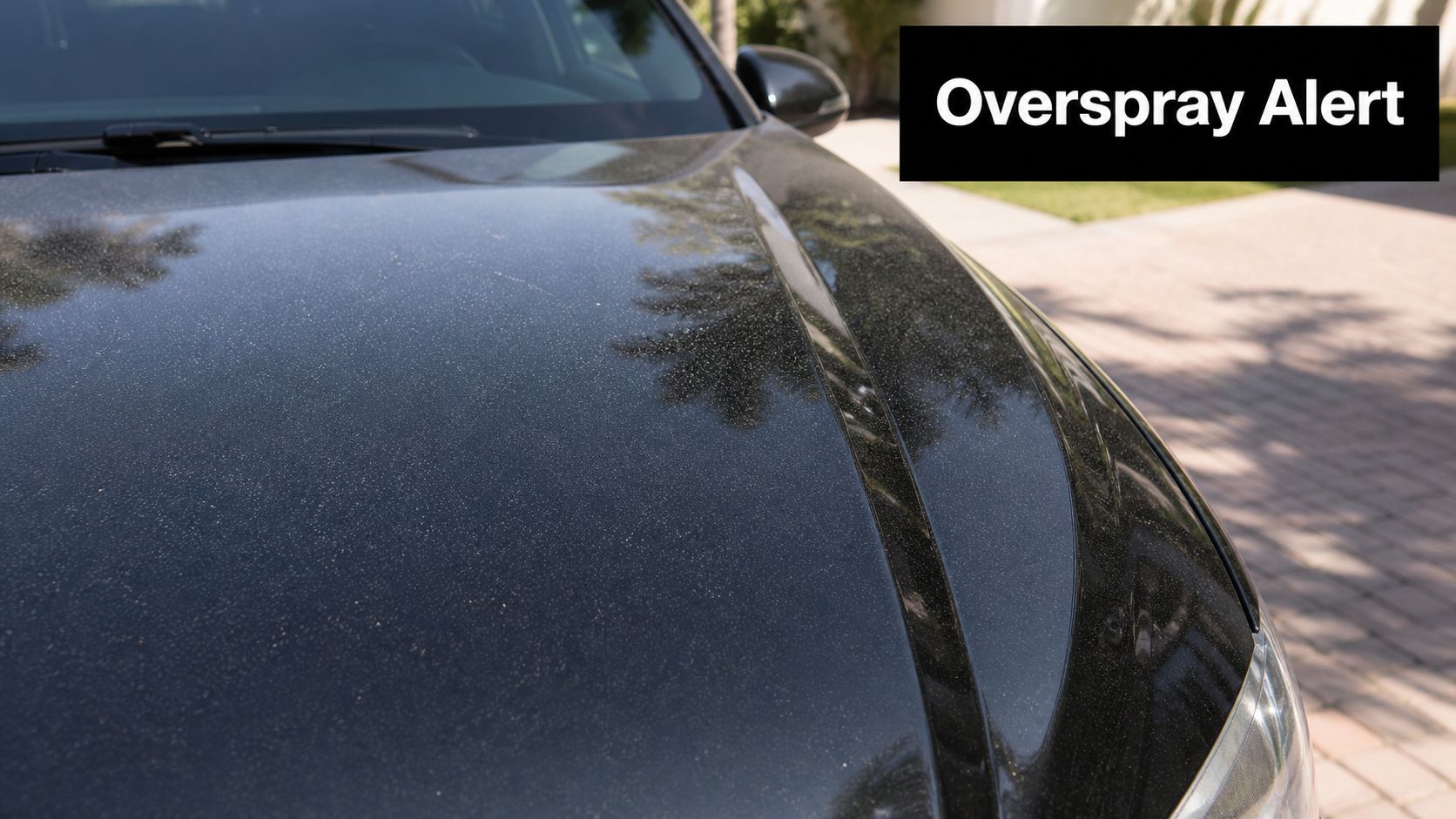 A close-up view of a black car hood covered in fine dust particles with an overlay text.