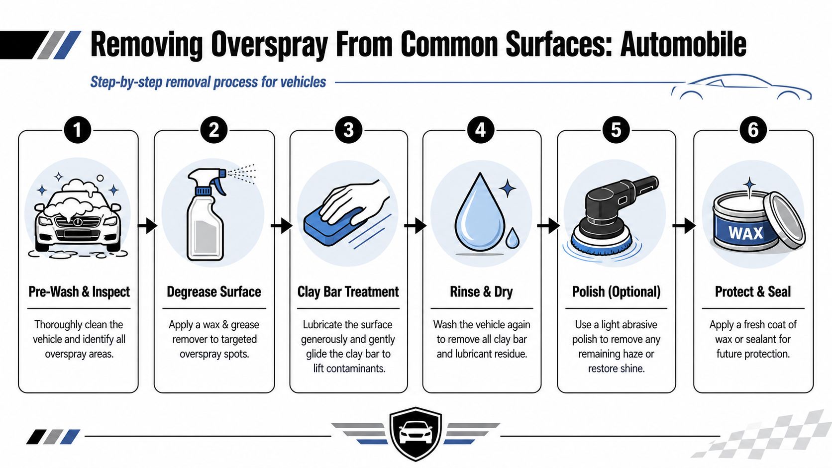 A six-step infographic demonstrating the process for removing paint overspray from automotive surfaces safely and effectively.