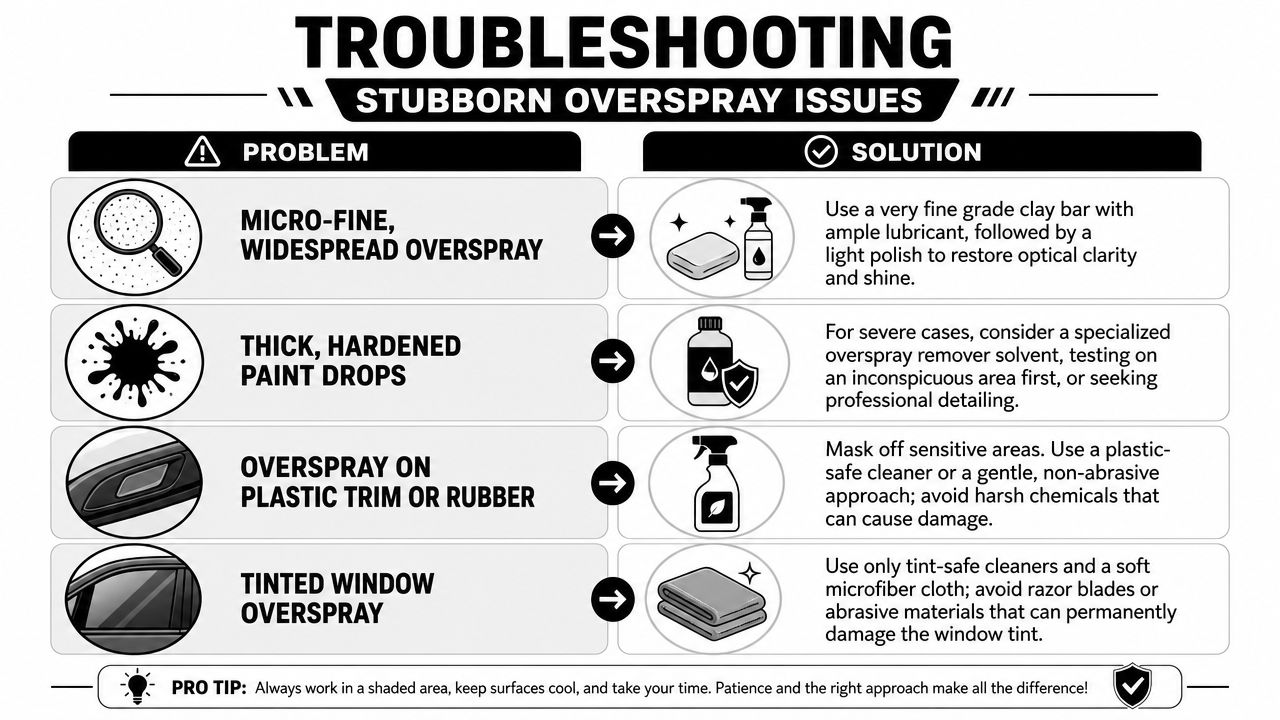 A troubleshooting guide graphic explaining how to safely remove various types of stubborn paint overspray from vehicles.
