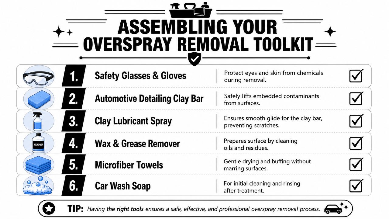 An infographic checklist for assembling an automotive overspray removal toolkit with six essential cleaning items.