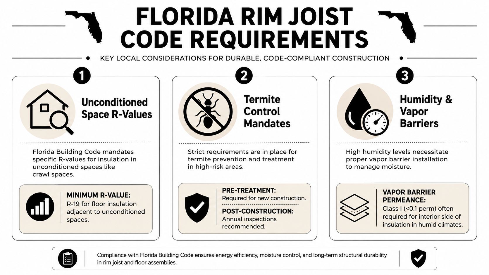 An infographic detailing Florida building code requirements for rim joist insulation, termite control, and moisture management.