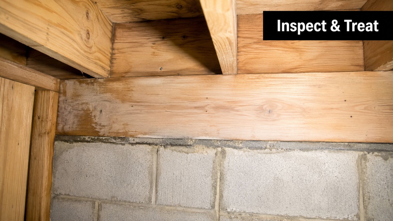 A close-up view of a wooden rim joist above a concrete block foundation wall showing mold growth.
