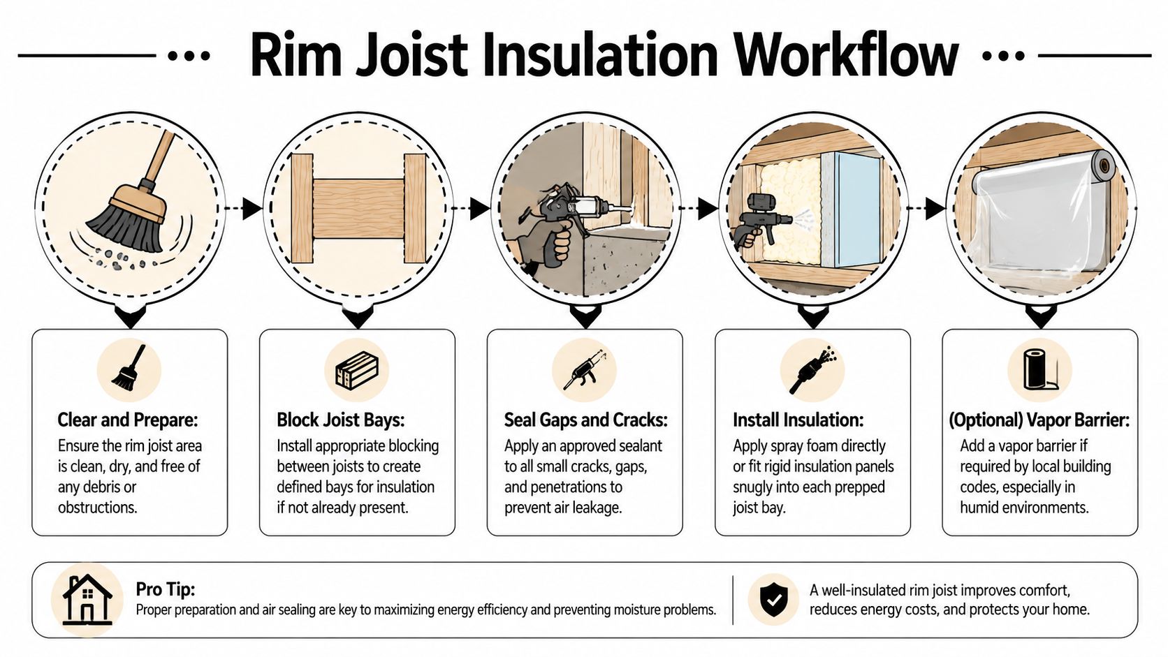 A step-by-step infographic illustrating the professional workflow for installing rim joist insulation in a home.