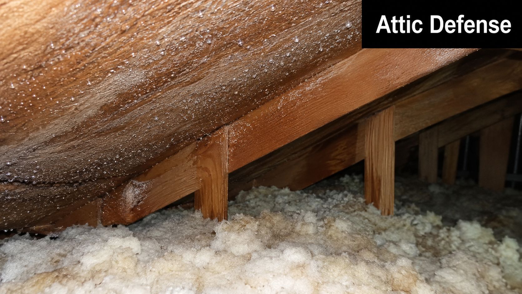 Condensation droplets forming on the wooden underside of a roof decking inside a poorly ventilated attic space.
