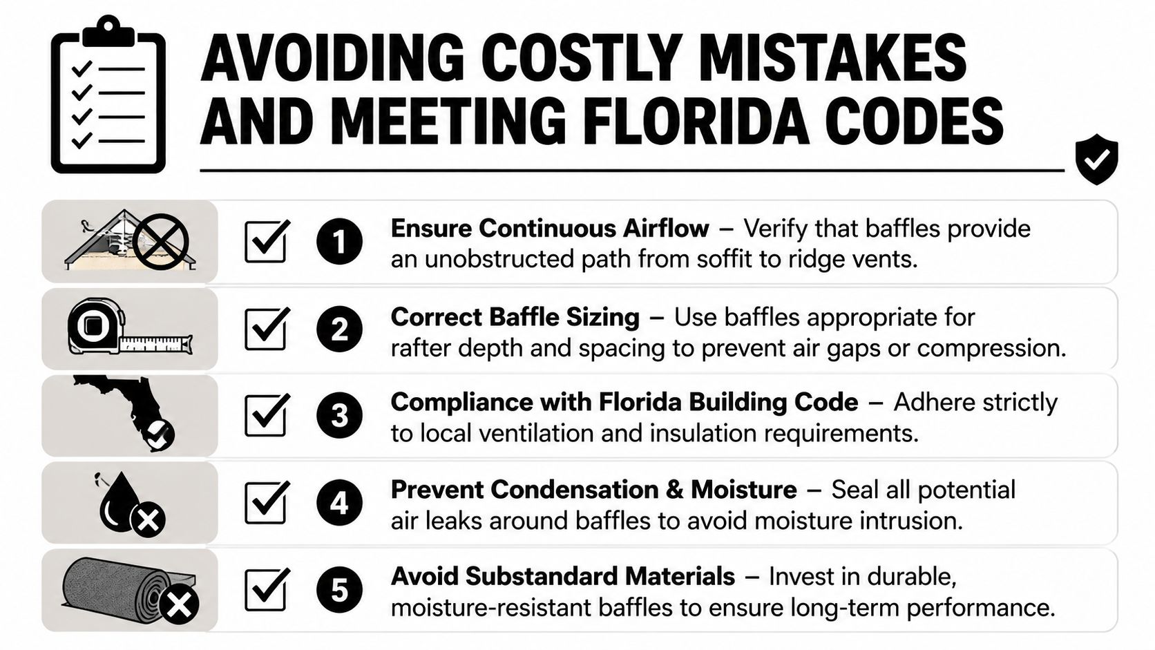 A checklist infographic titled Avoiding Costly Mistakes and Meeting Florida Codes for roof baffle installation.