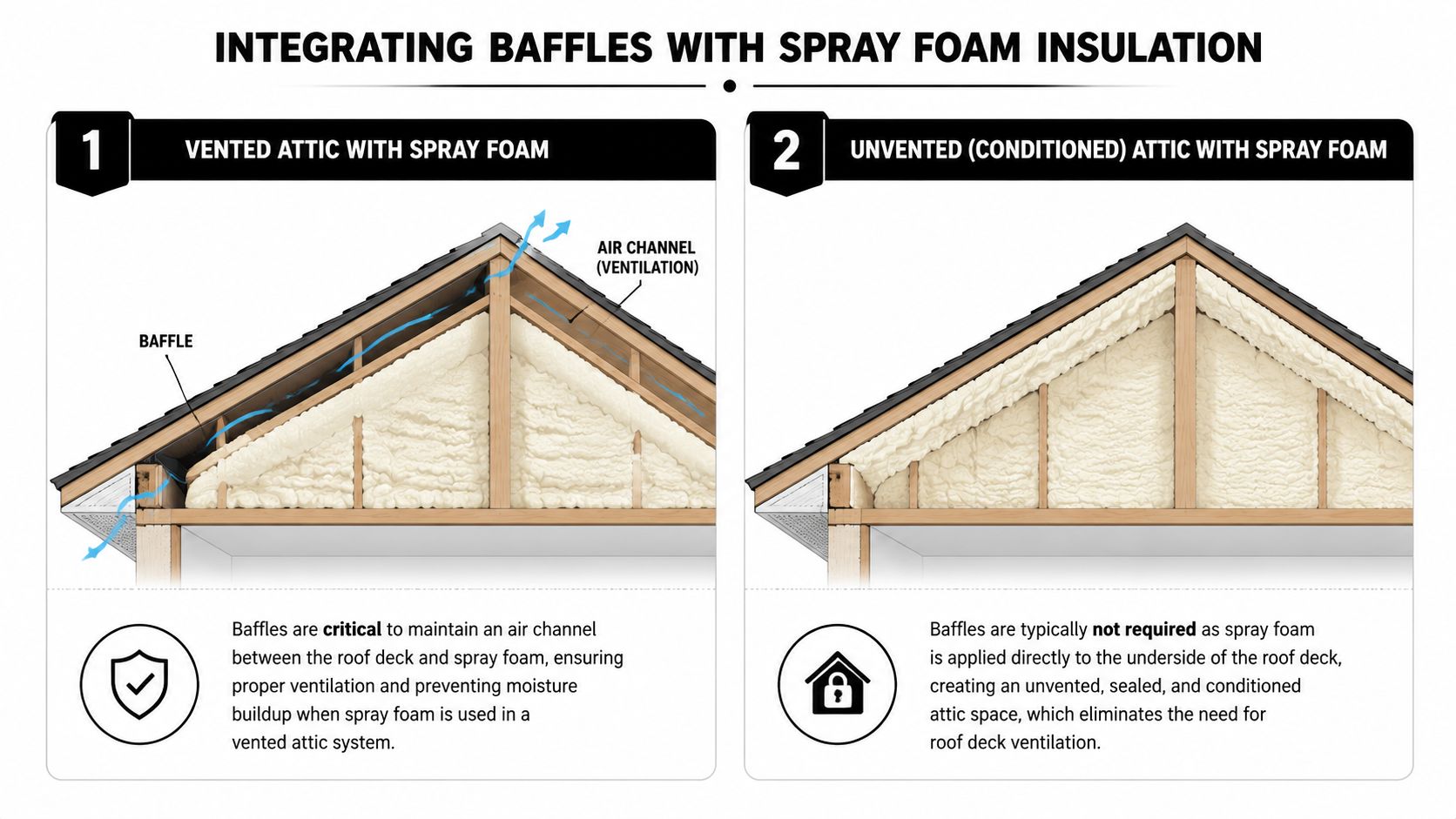 A technical diagram comparing the installation of baffles in vented versus unvented residential attic roof systems.