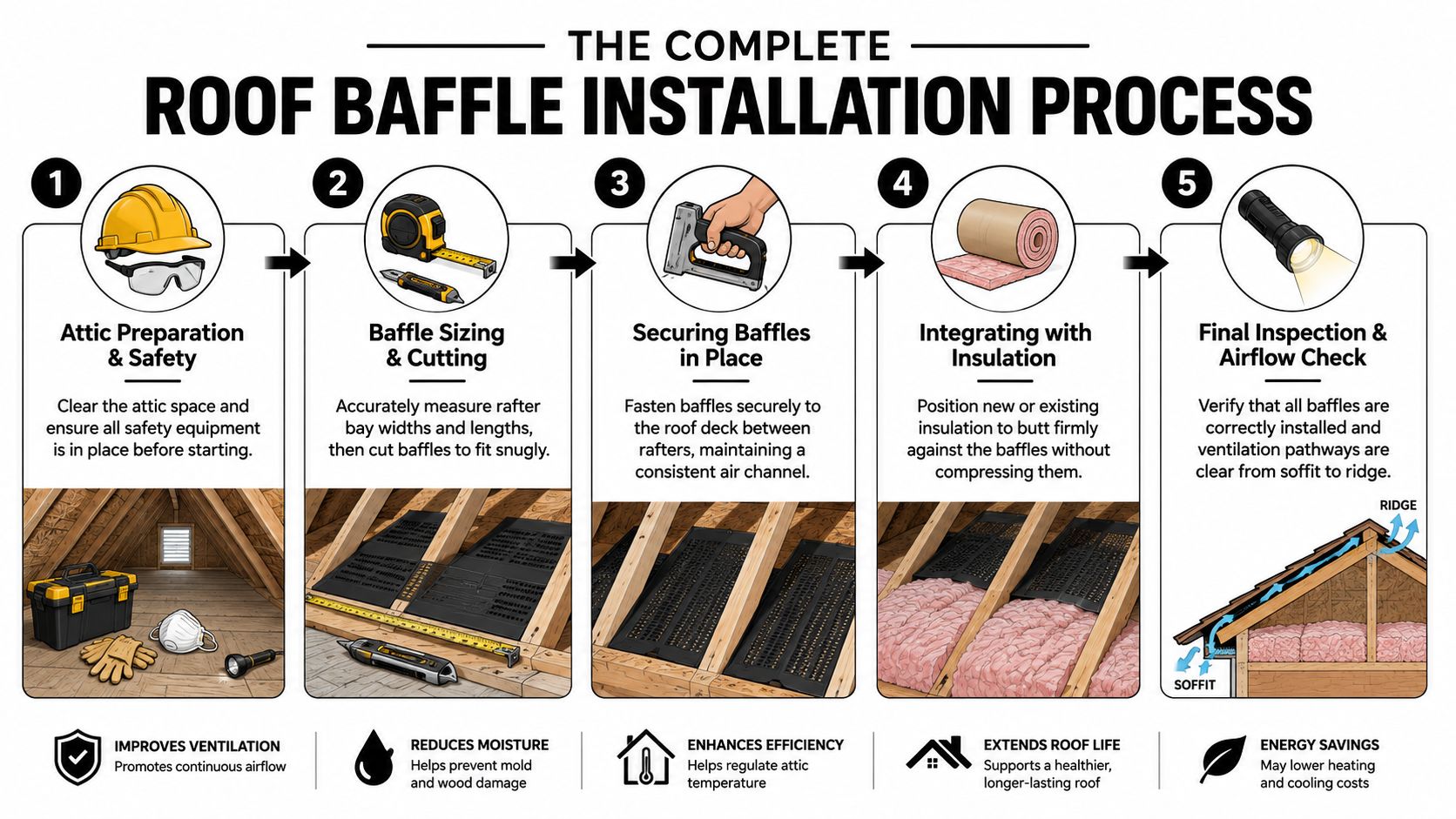 A step-by-step infographic illustrating the professional process for installing roof baffles in an attic space.