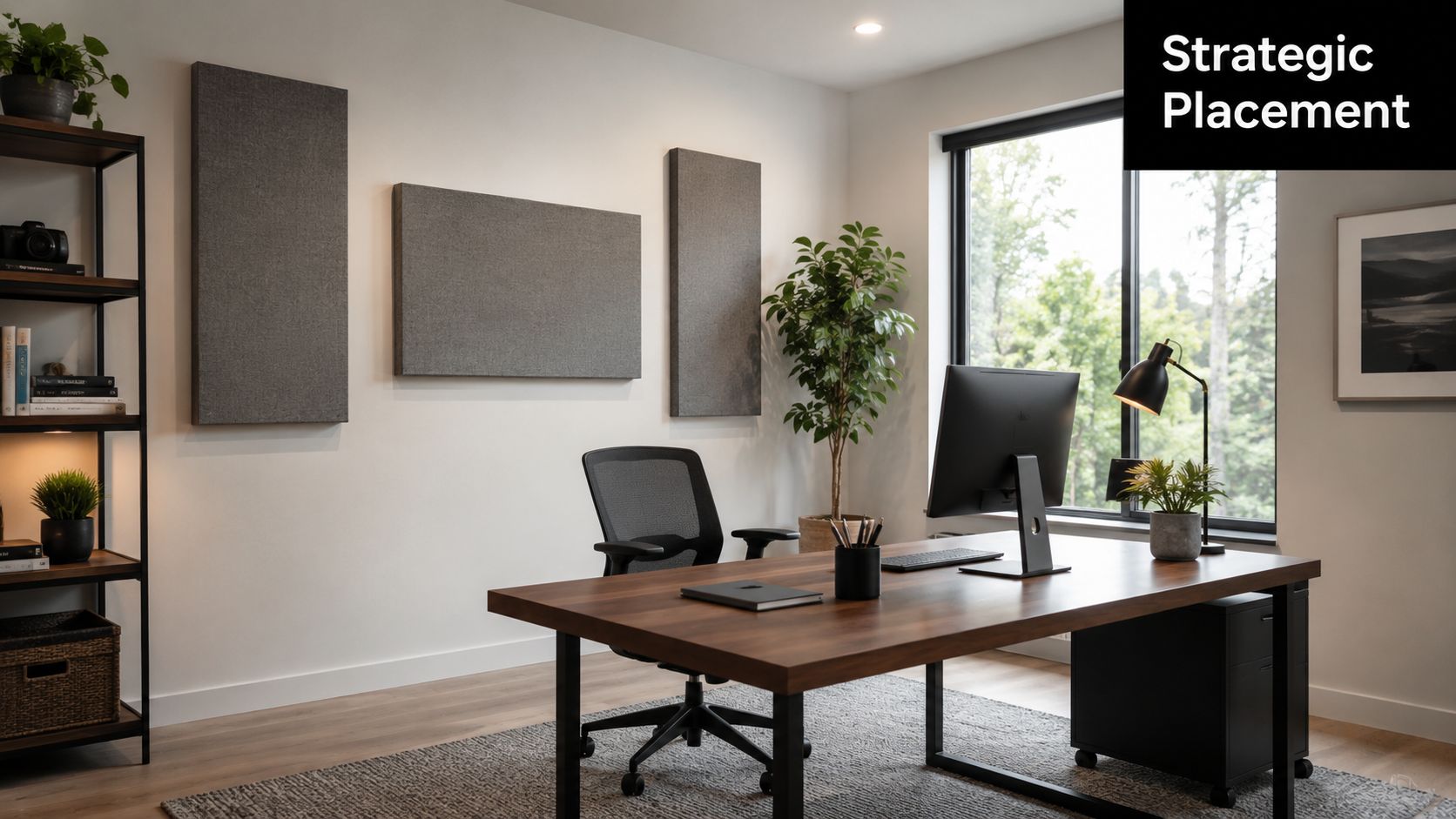 A modern home office featuring acoustic sound absorbing panels mounted on the wall behind a wooden desk.