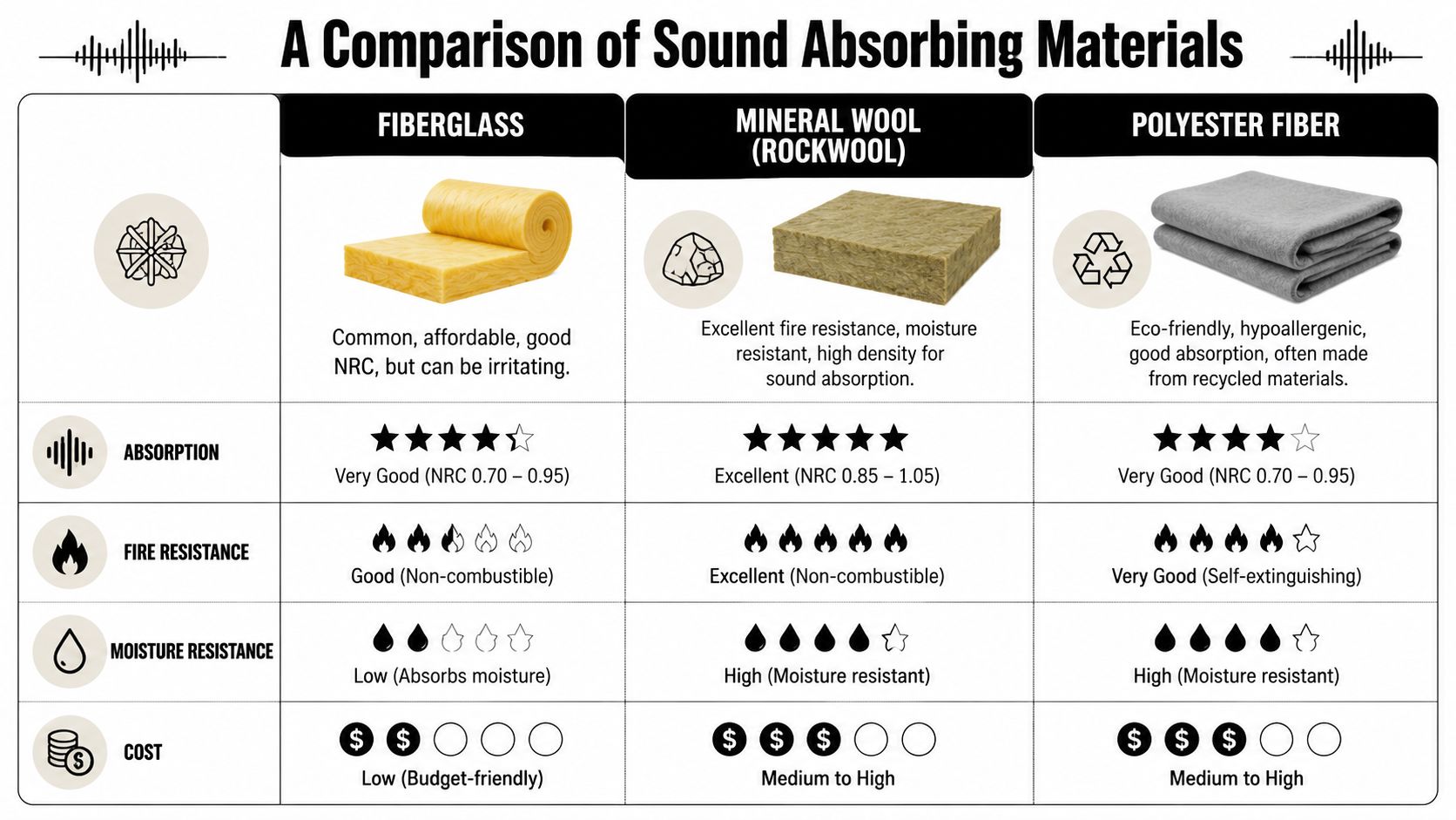 A comparison chart showing features and ratings for fiberglass, mineral wool, and polyester fiber sound absorbing materials.