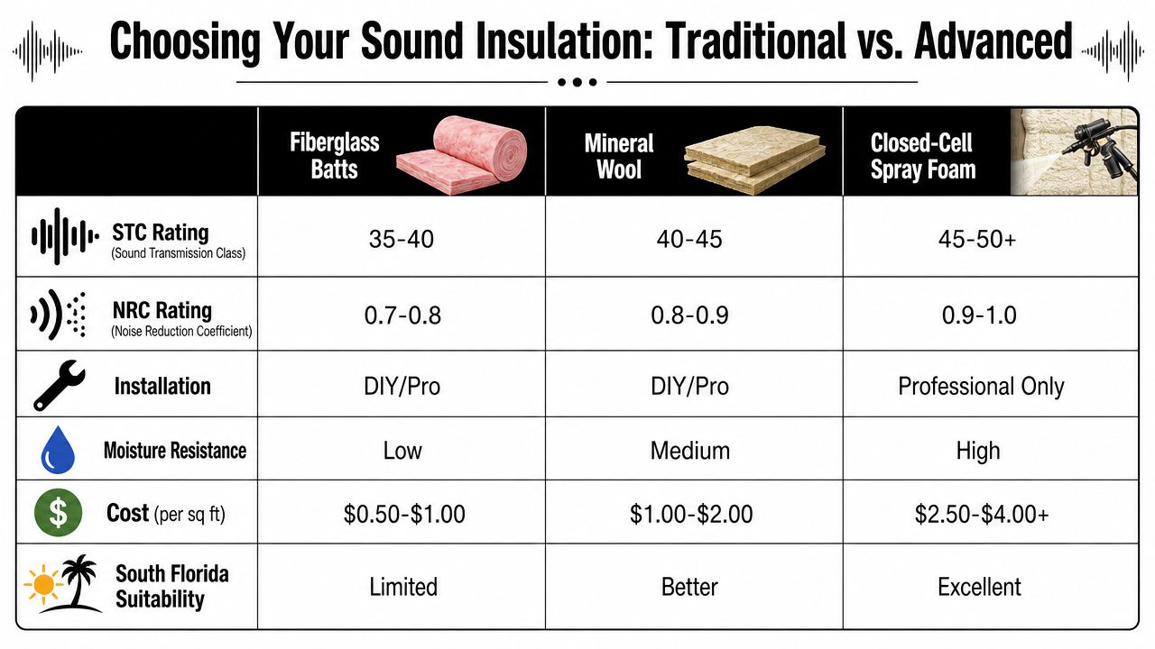 A comparison chart showing features, ratings, and costs of fiberglass batts, mineral wool, and closed-cell spray foam insulation.