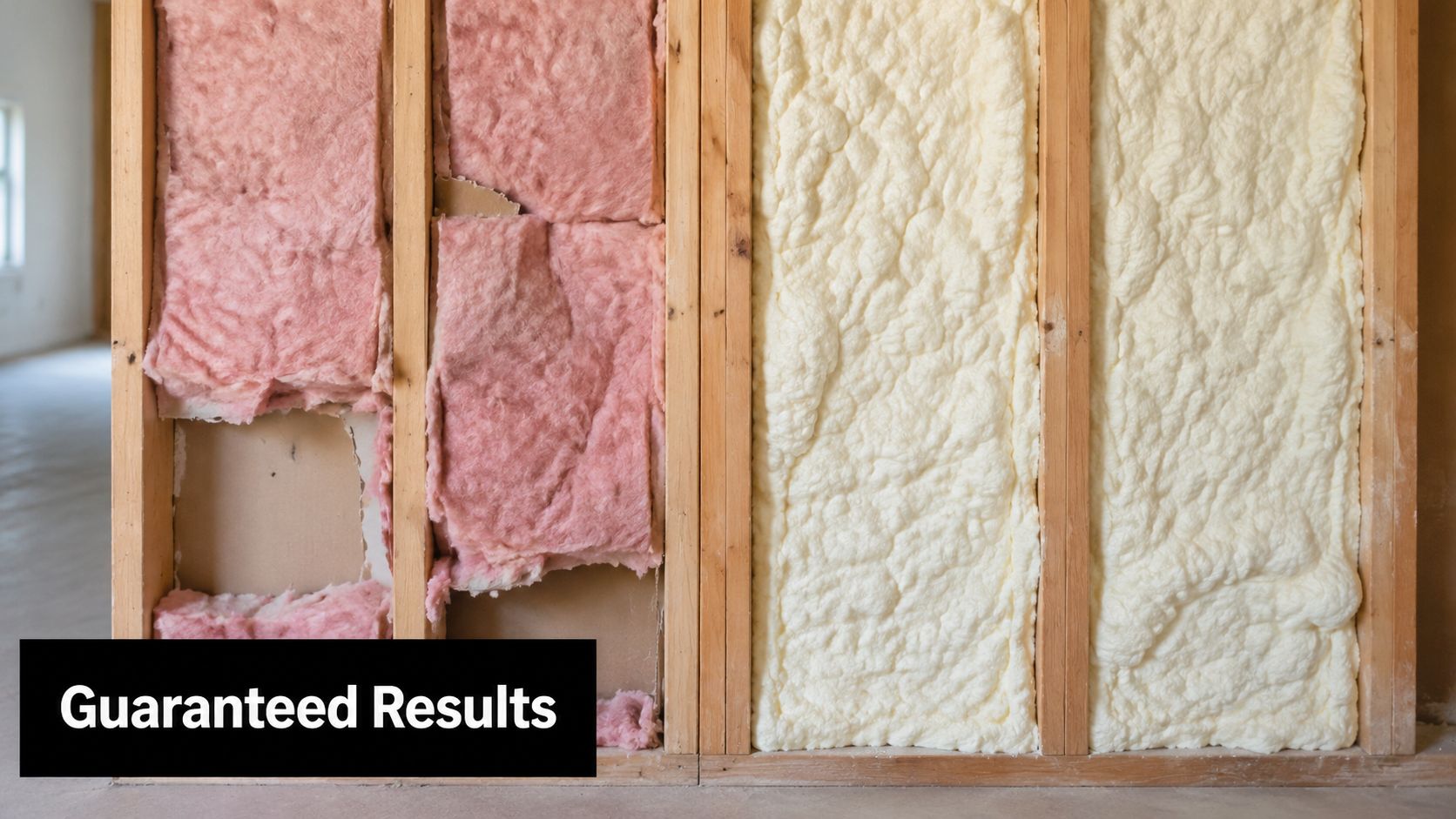 A side-by-side comparison of pink fiberglass batts and yellow spray foam insulation installed between wall studs.