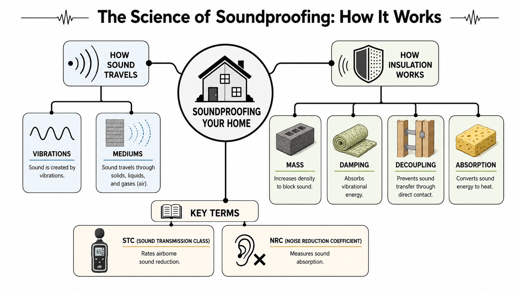 An infographic titled The Science of Soundproofing explaining sound waves, insulation methods, and key soundproofing terminology.