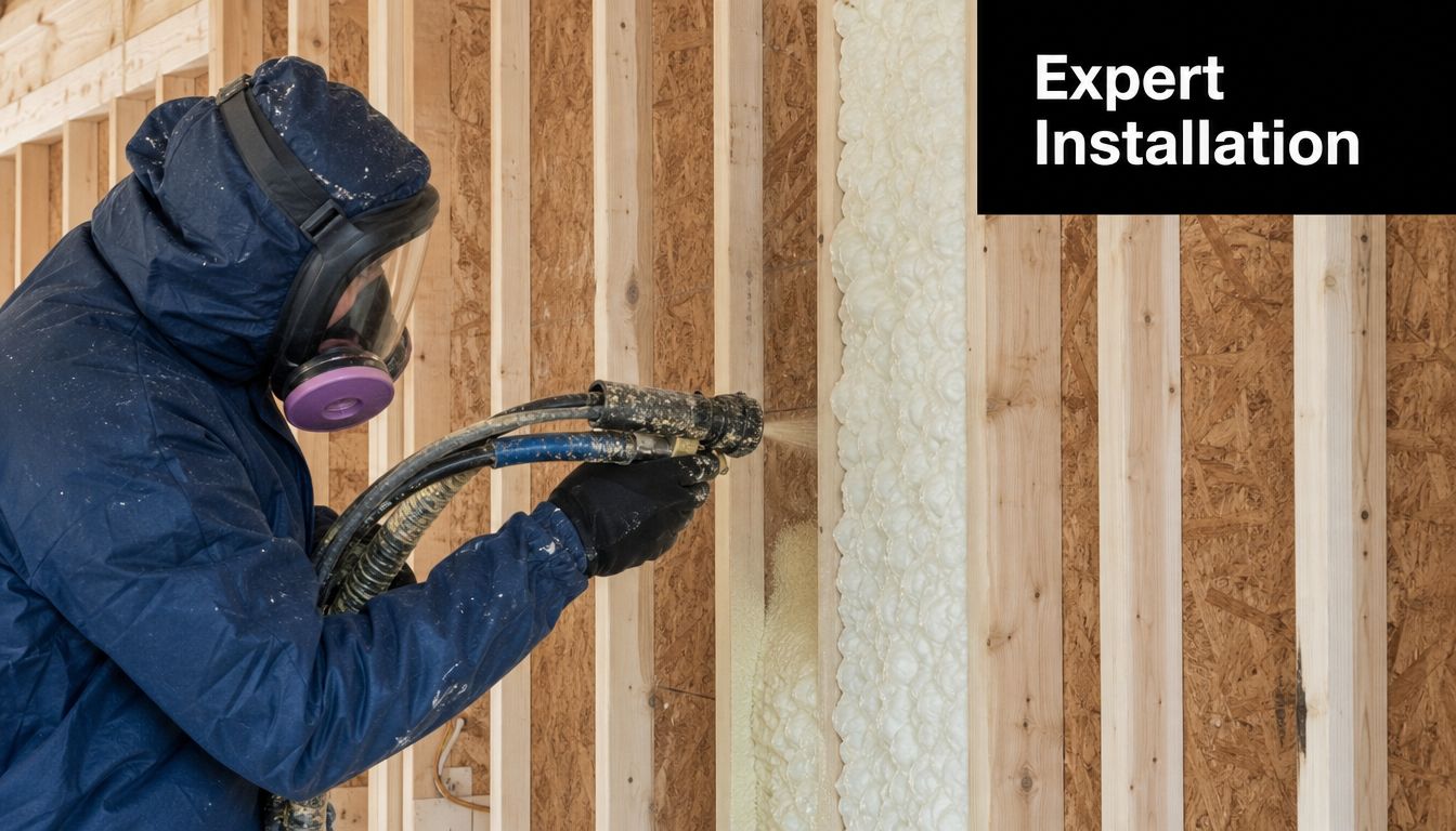 A professional construction worker wearing a respirator and protective suit applying spray foam insulation to a wooden wall.