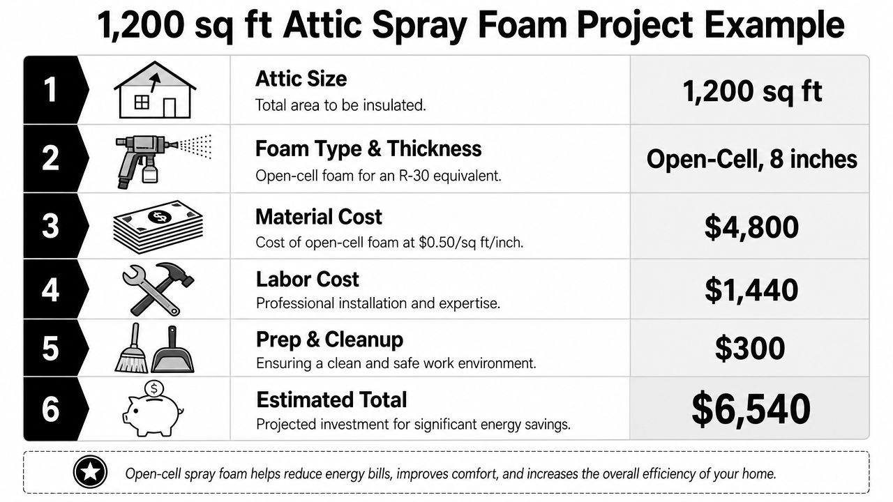 A detailed infographic showing the cost breakdown for a 1,200 square foot attic spray foam insulation project.