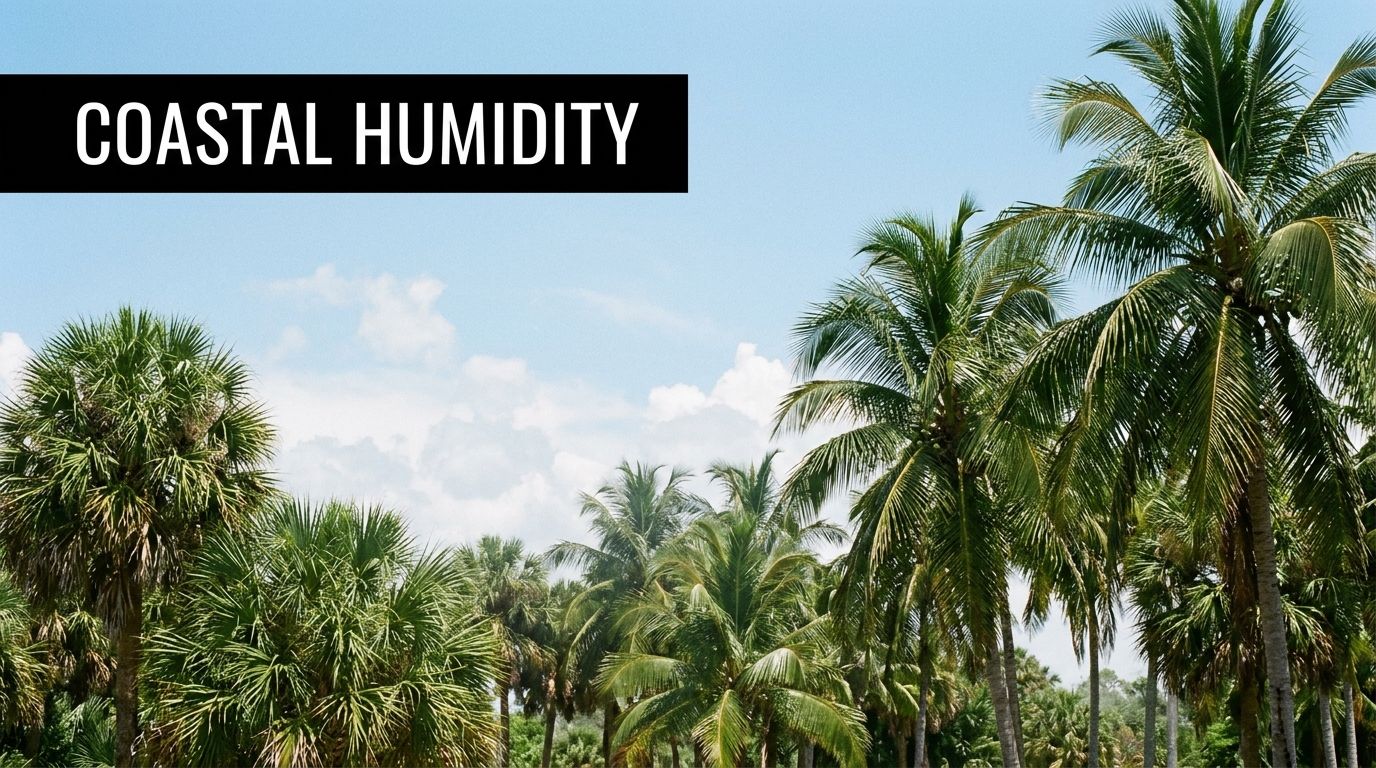 A scenic view of lush tropical palm trees set against a clear blue sky with fluffy white clouds.