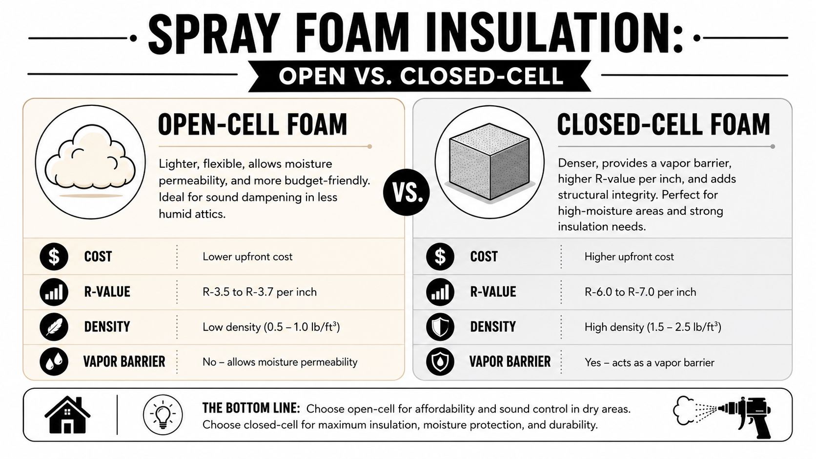 A comparison chart showing the differences between open-cell and closed-cell spray foam insulation for home use.