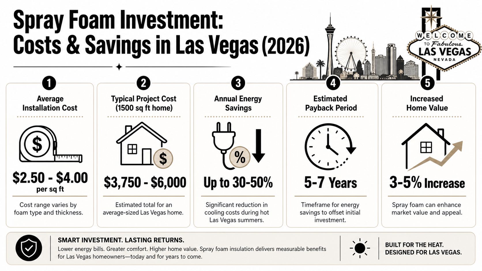 An infographic showing costs and financial benefits of spray foam insulation for homes in Las Vegas.
