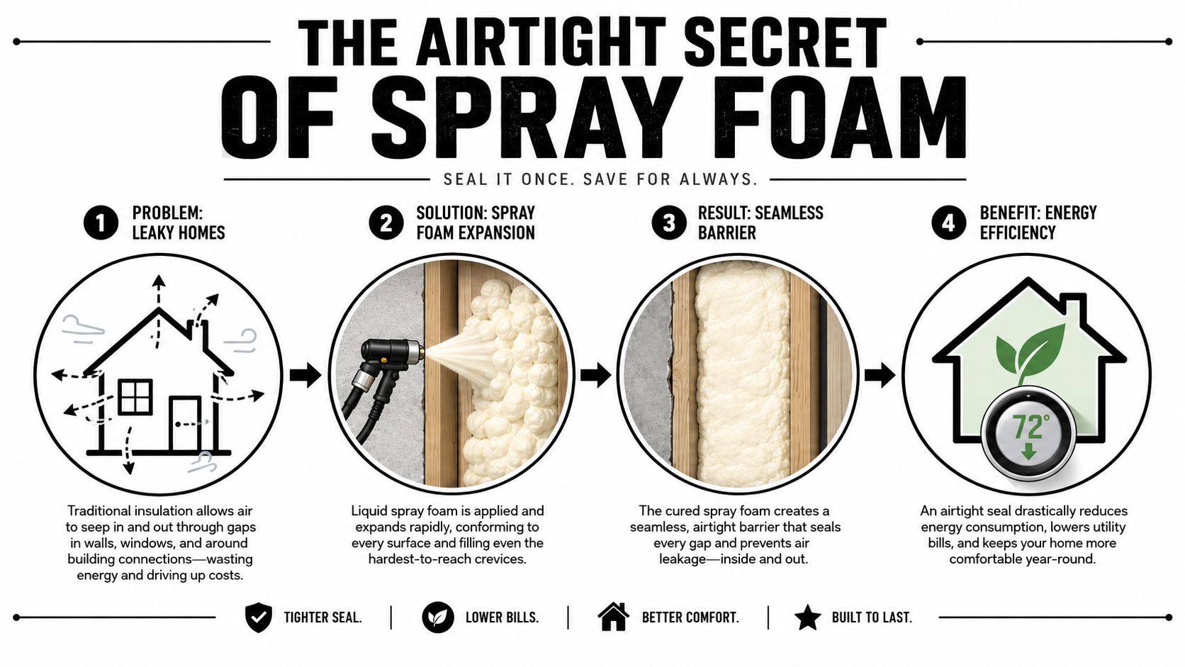 A four-step infographic explaining how spray foam insulation seals homes to improve energy efficiency and comfort.