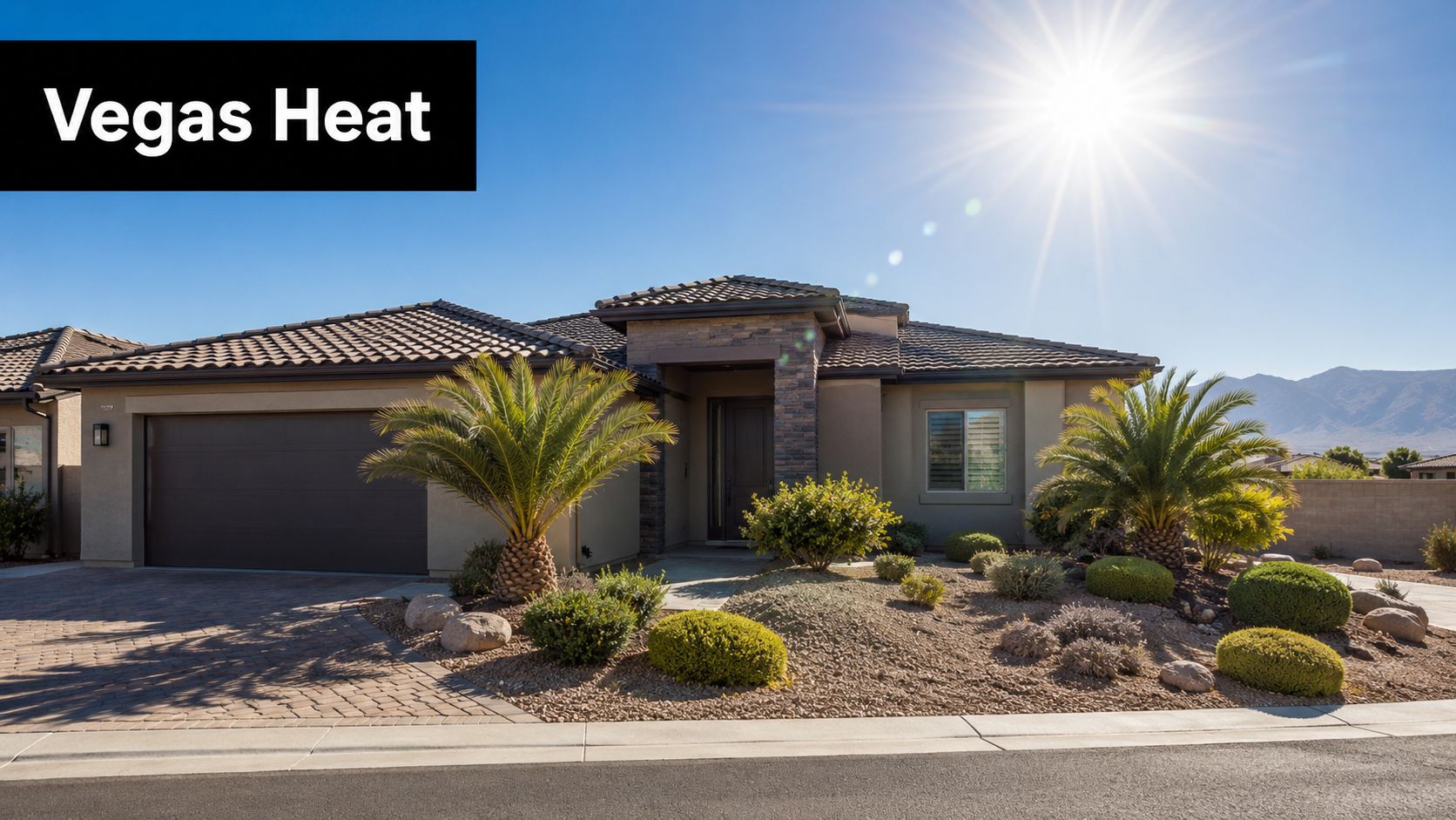 A modern single-family suburban home in Las Vegas with desert landscaping and a sunny blue sky.