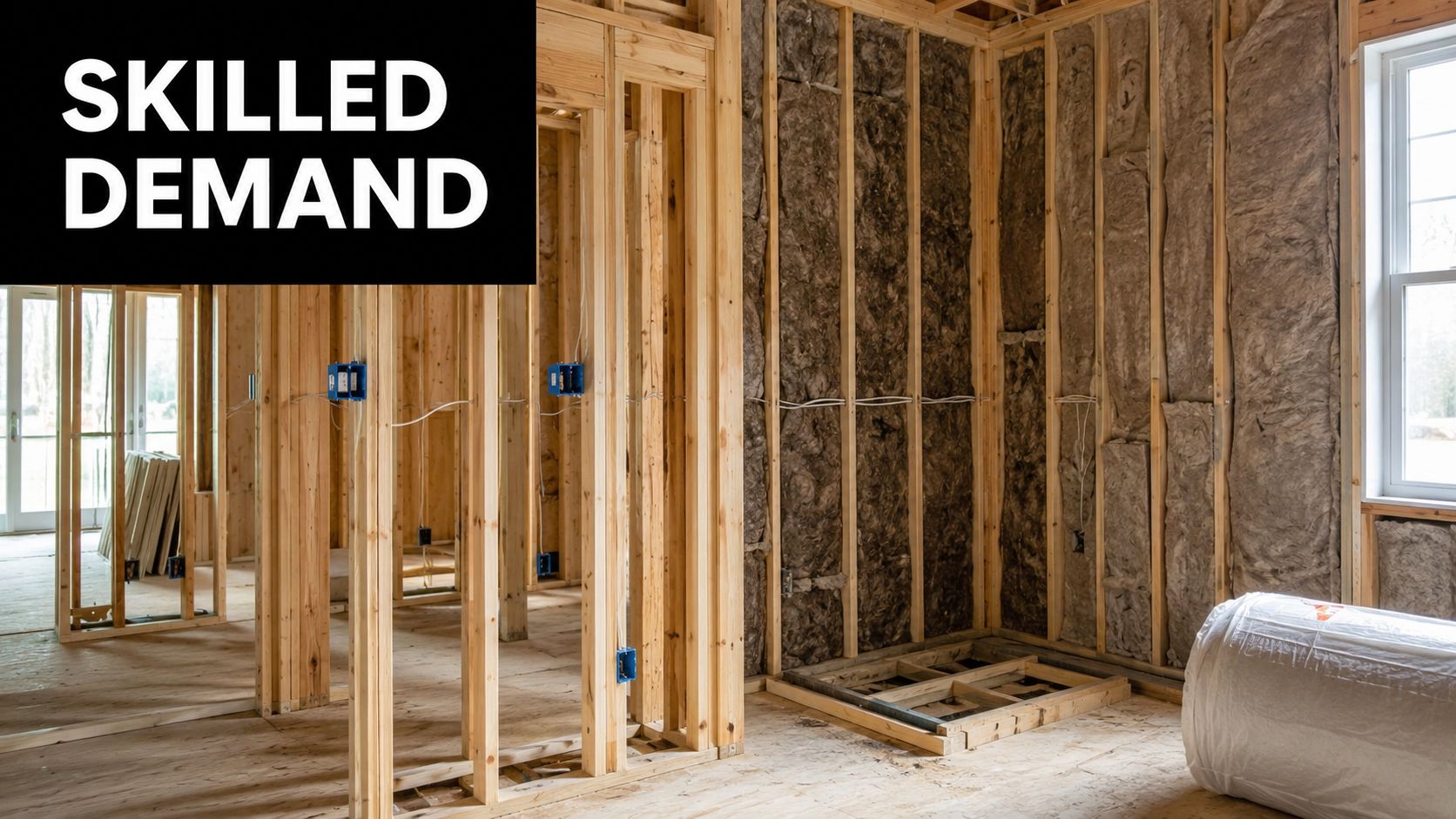 A construction site frame with wooden walls and insulation being prepared for interior renovation work.