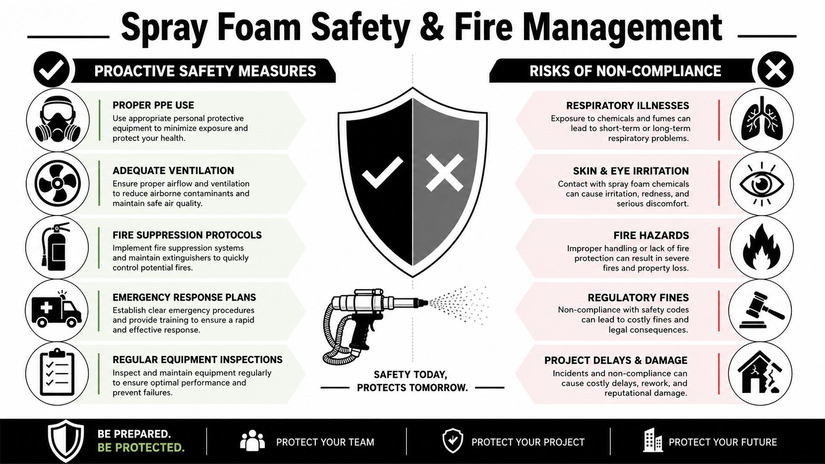 An infographic detailing spray foam safety measures and the potential risks of non-compliance with industry standards.
