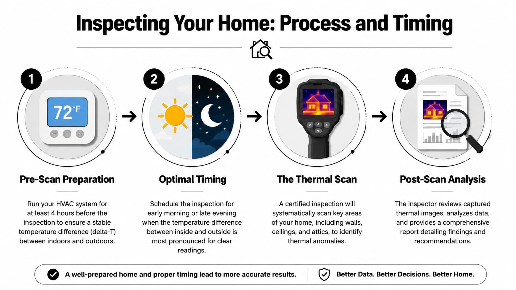 A four-step infographic illustrating the professional process and optimal timing for a residential thermal imaging inspection.