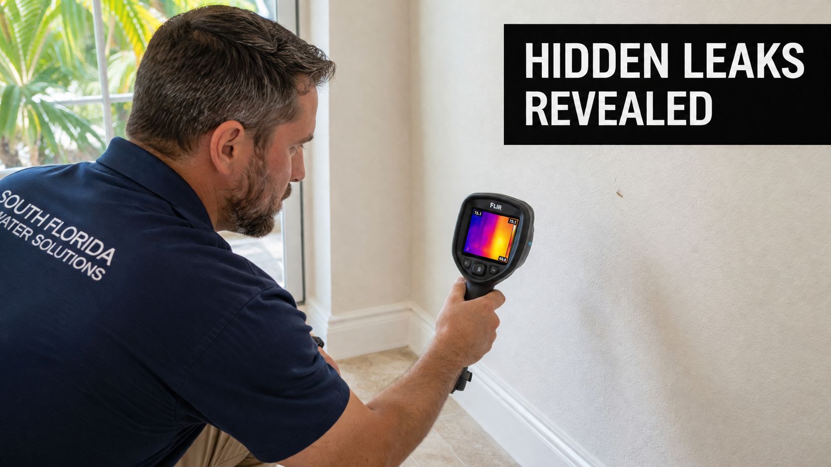 A professional technician uses a thermal imaging camera to inspect a house wall for hidden water leaks.
