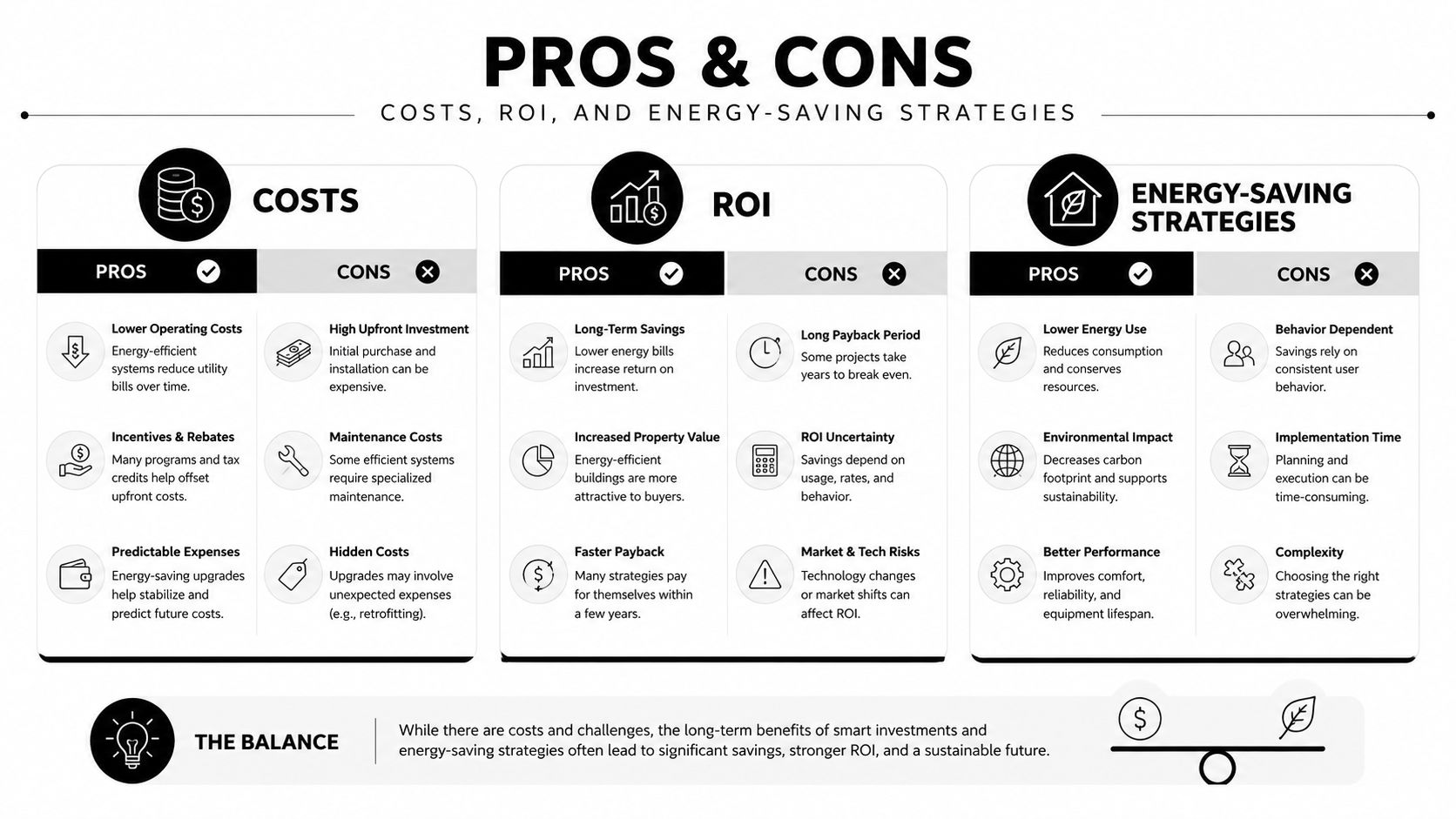 A infographic chart explaining the pros and cons of costs, ROI, and energy-saving strategies for business facility management.