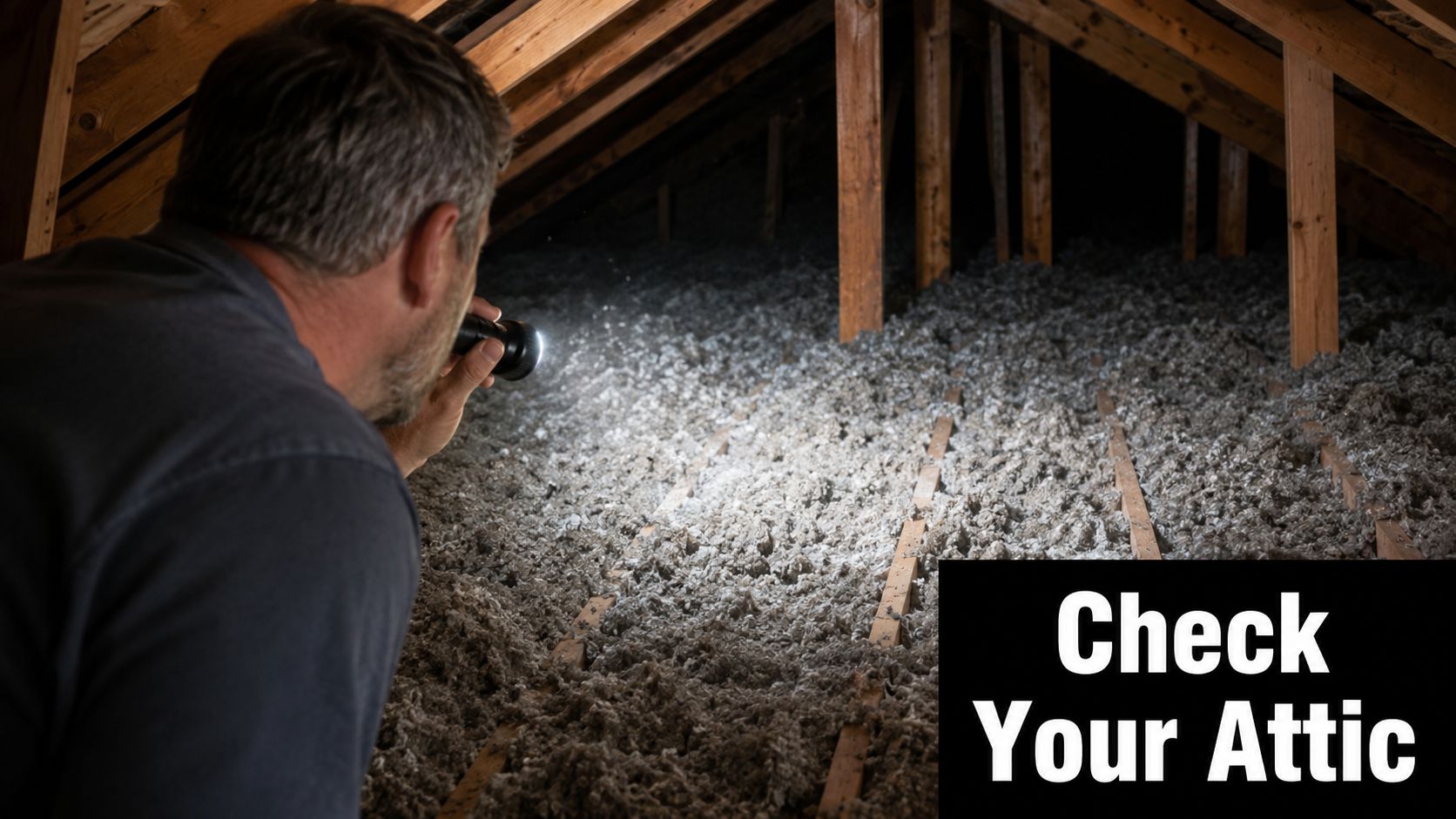A man using a flashlight to inspect loose-fill cellulose insulation inside a home attic space.