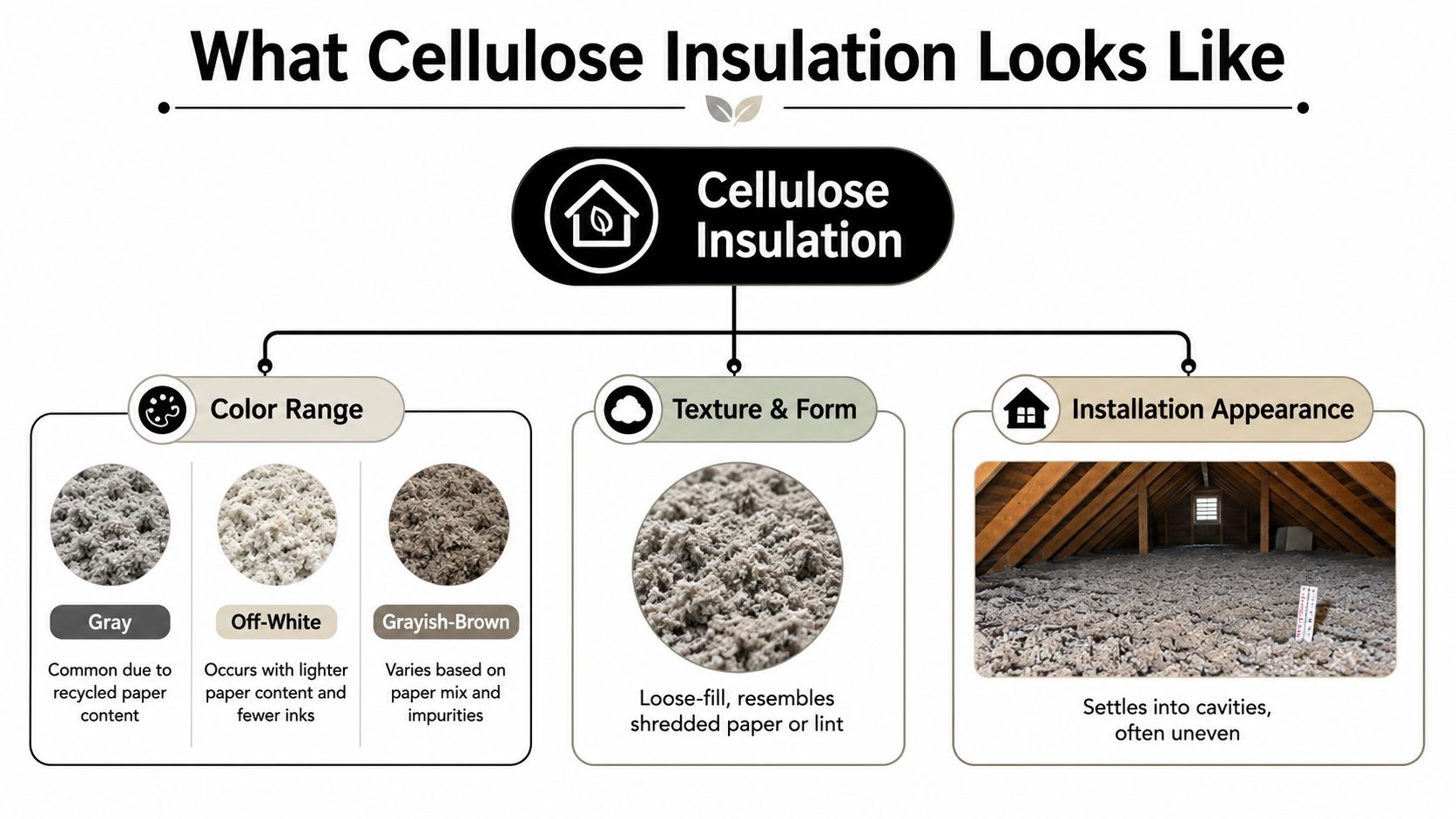 A visual guide explaining the appearance of cellulose insulation including its color, texture, and installed state.