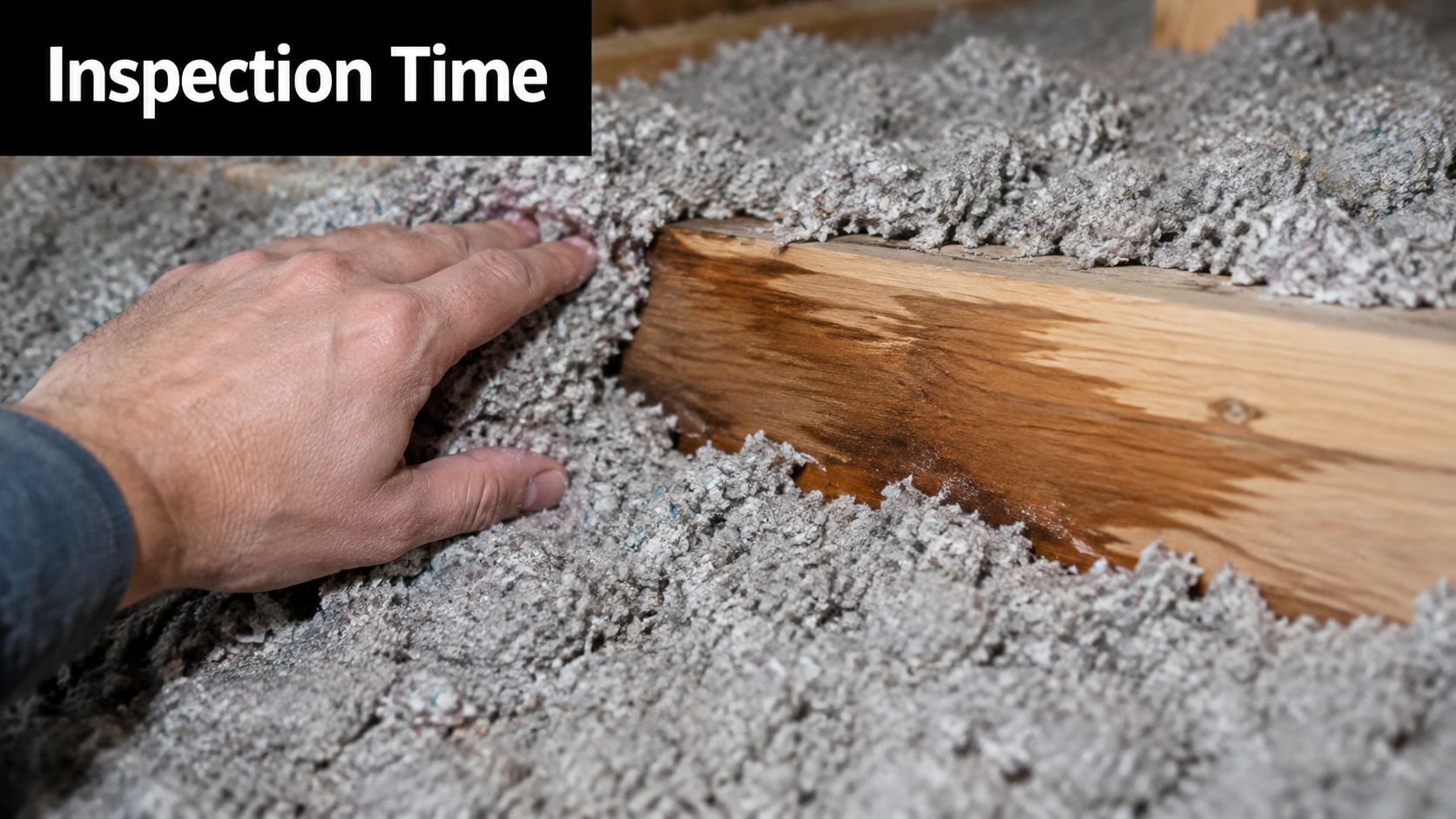 A person inspects loose-fill cellulose attic insulation showing a damp, stained wooden roof support beam.
