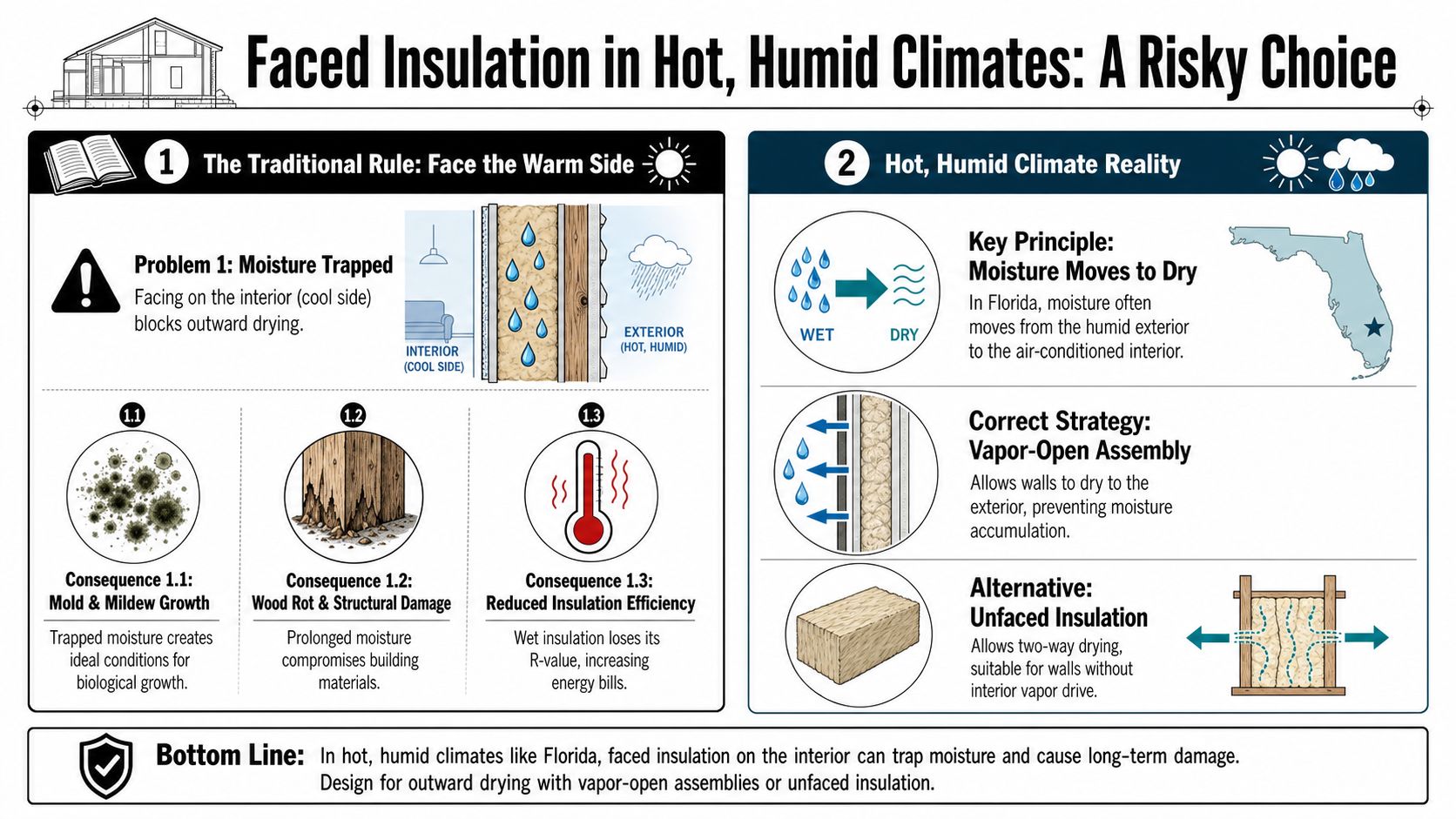 An infographic explaining the risks of using faced insulation in hot, humid climates like Florida.