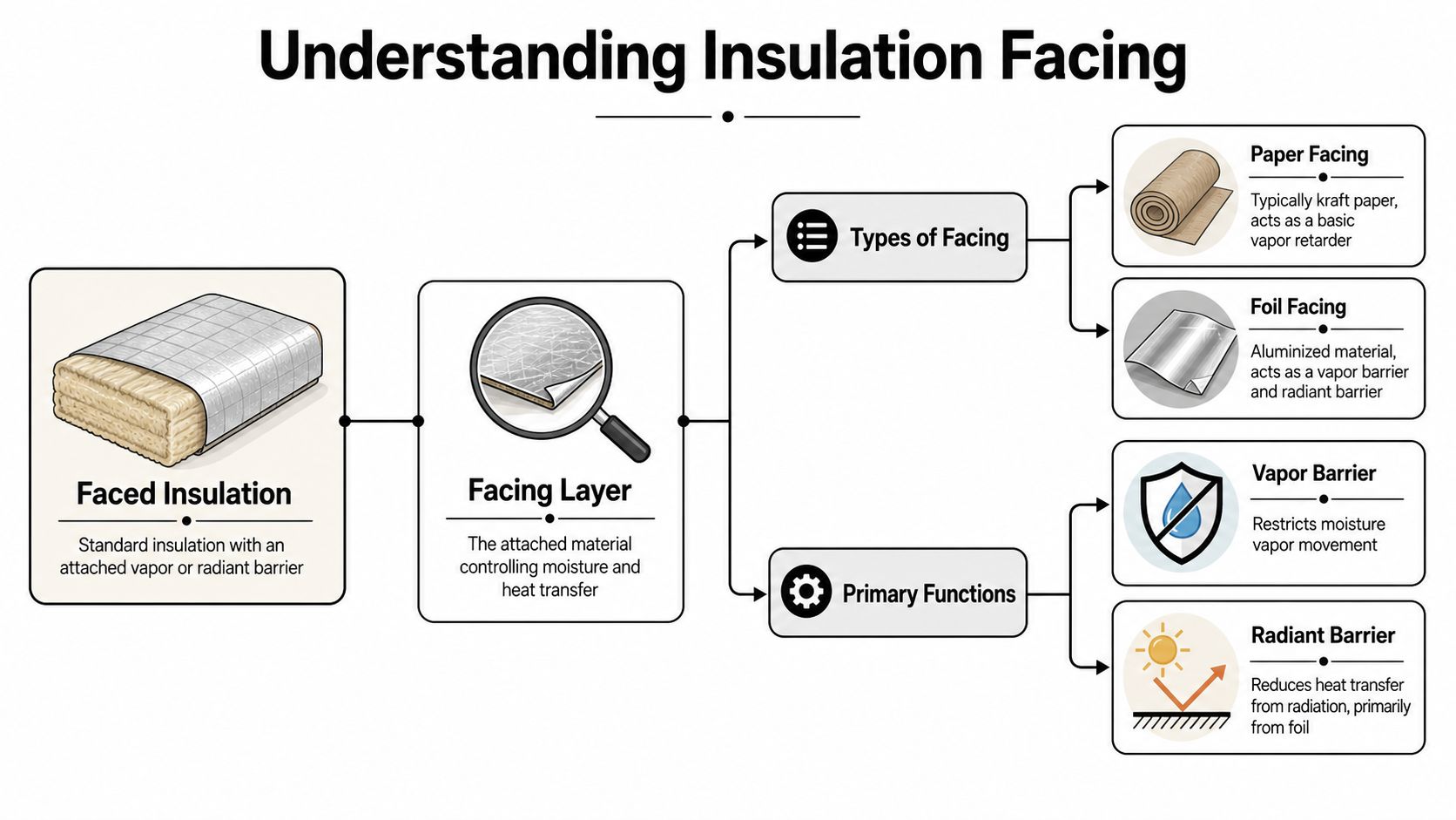 A diagram illustrating what faced insulation is, its various facing types, and its primary functional purposes.