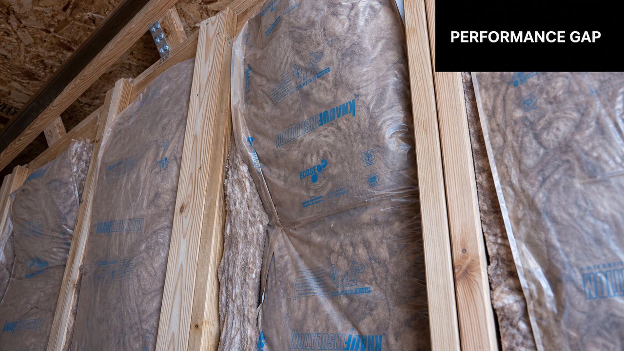 A close-up view of fiberglass insulation batts installed between wooden wall studs in a new building construction.