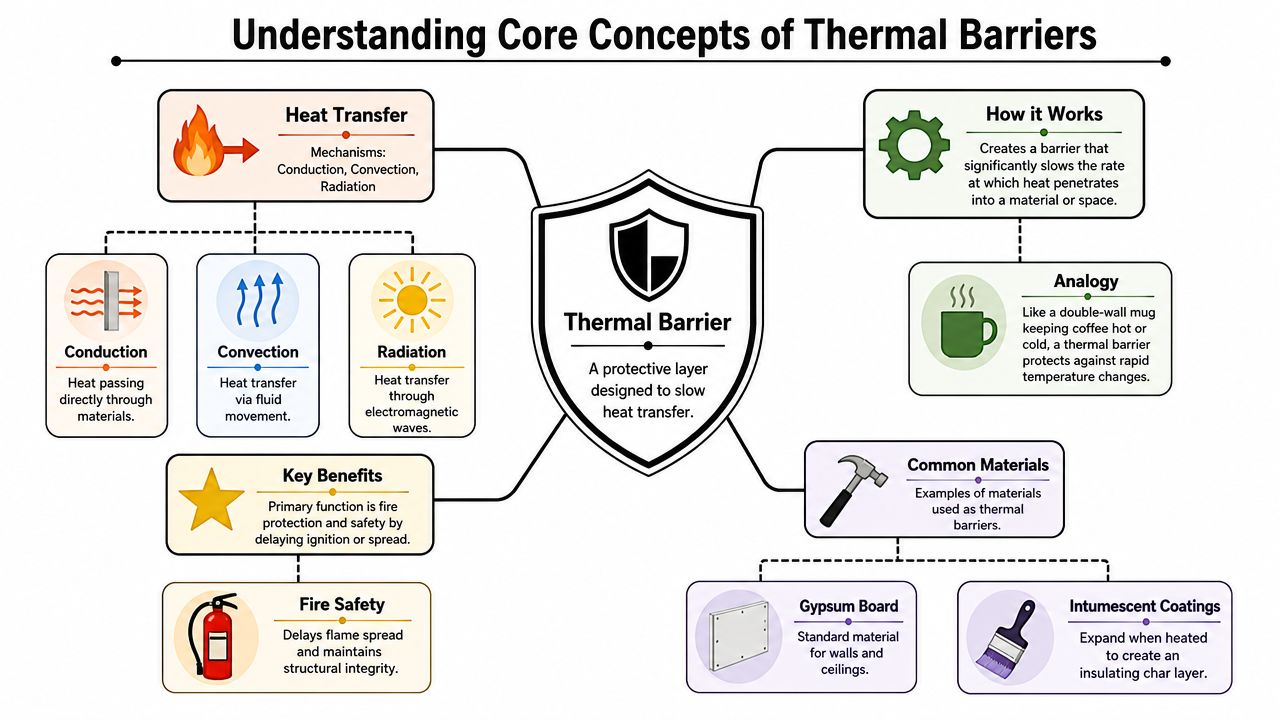 A diagram outlining core concepts of thermal barriers, including heat transfer methods, materials, and safety benefits.
