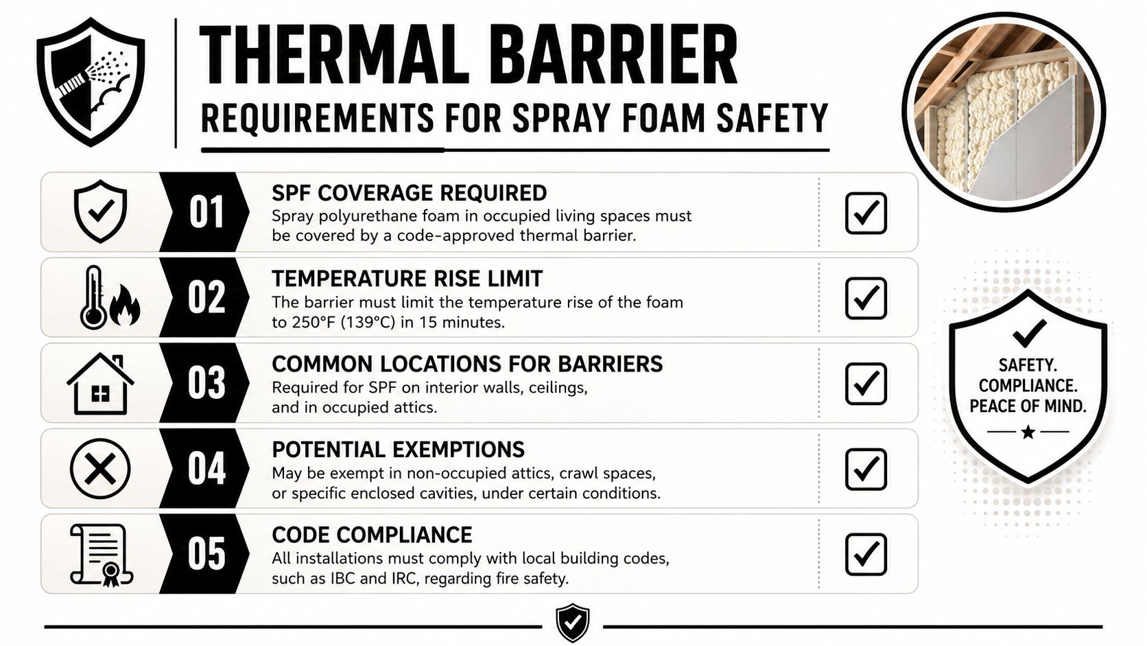 An infographic titled Thermal Barrier Requirements for Spray Foam Safety, listing five essential safety and code compliance guidelines.