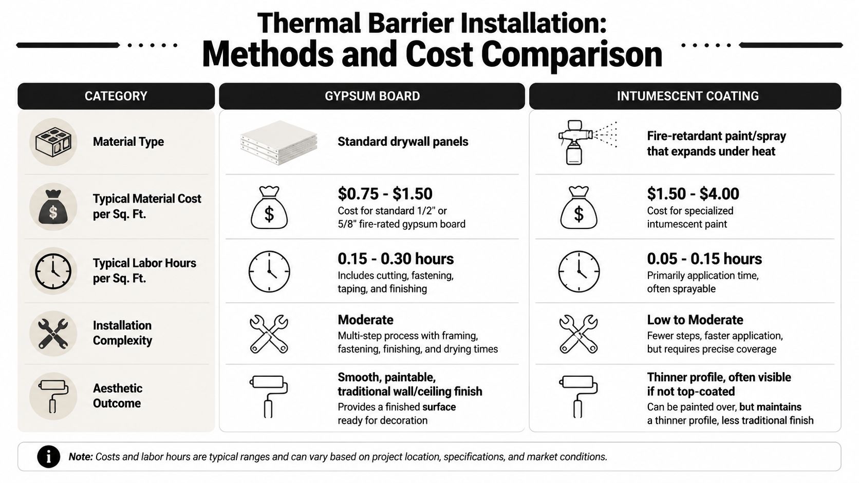 A comparison chart detailing the material costs, labor hours, and installation requirements for gypsum board versus intumescent coating.