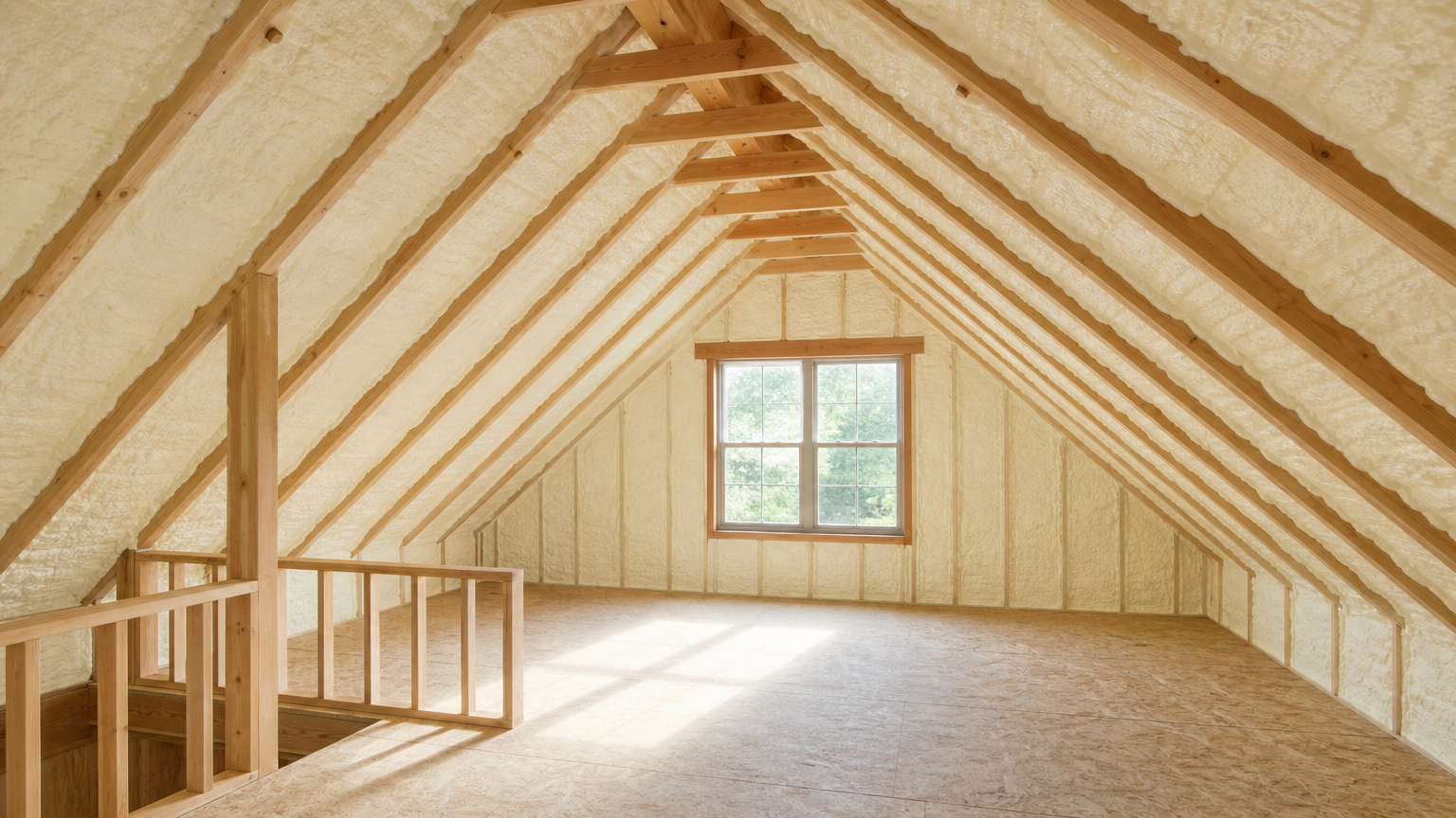 attic with professionally installed spray foam insulation between rafters in a clean, well-lit space