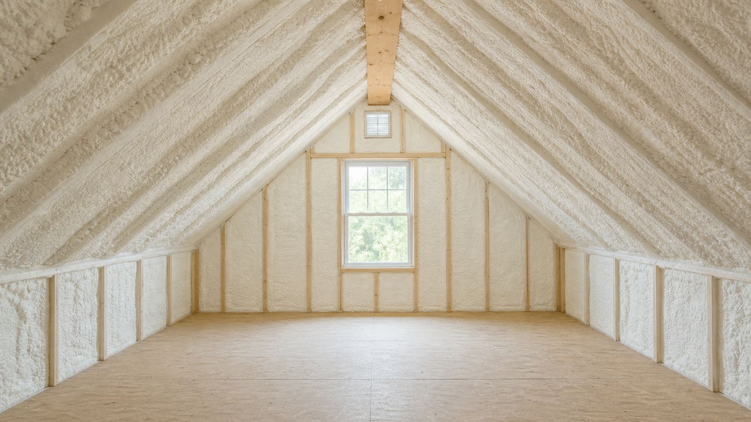 Completed attic spray foam insulation in existing home showing clean white foam coverage on rafters and walls