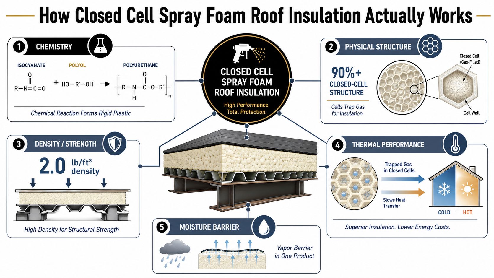 A detailed infographic explaining the chemistry, structure, performance, and benefits of closed cell spray foam roof insulation.