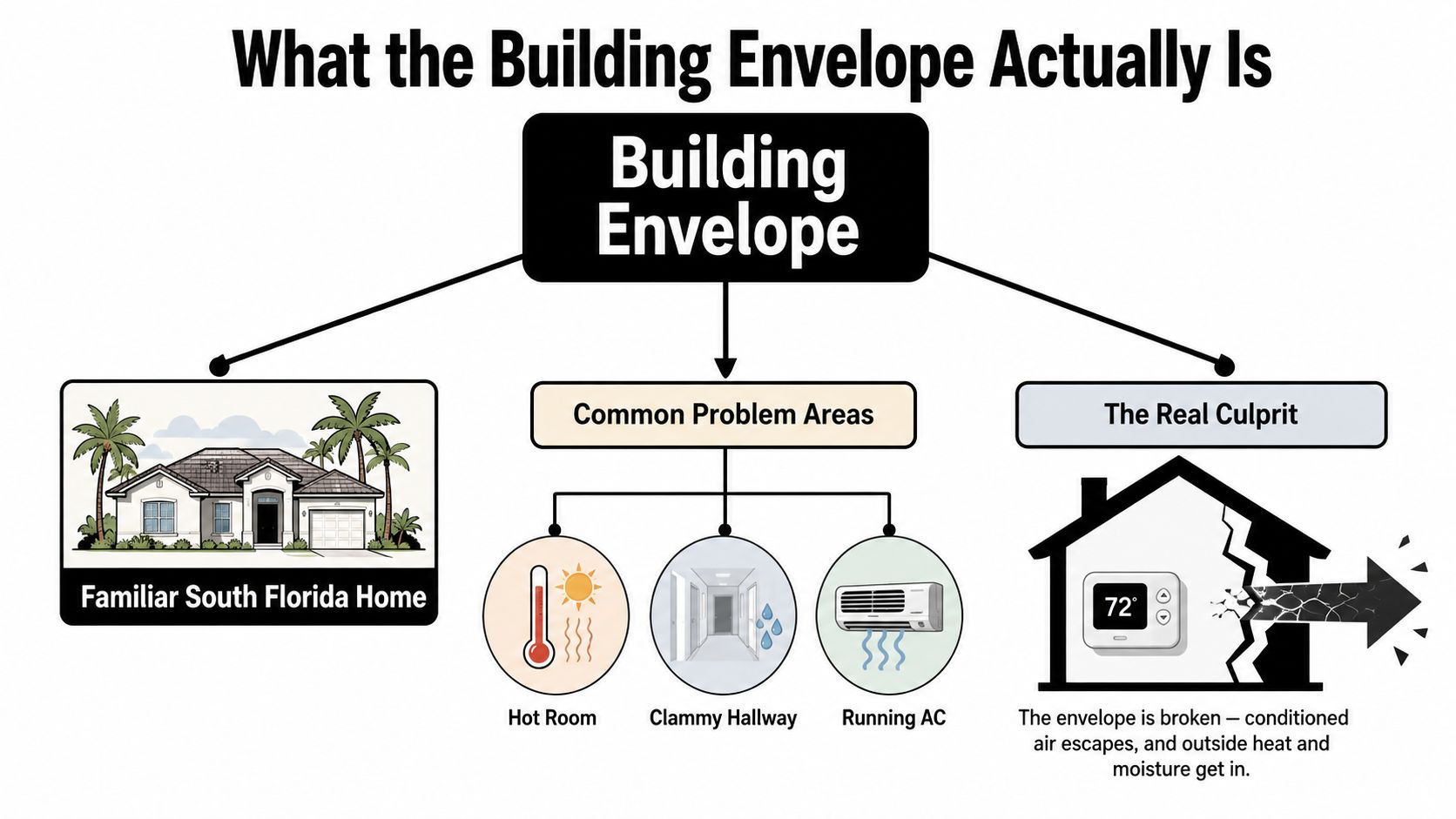 A diagram explaining the building envelope concept including common problem areas and the impact of air leaks.