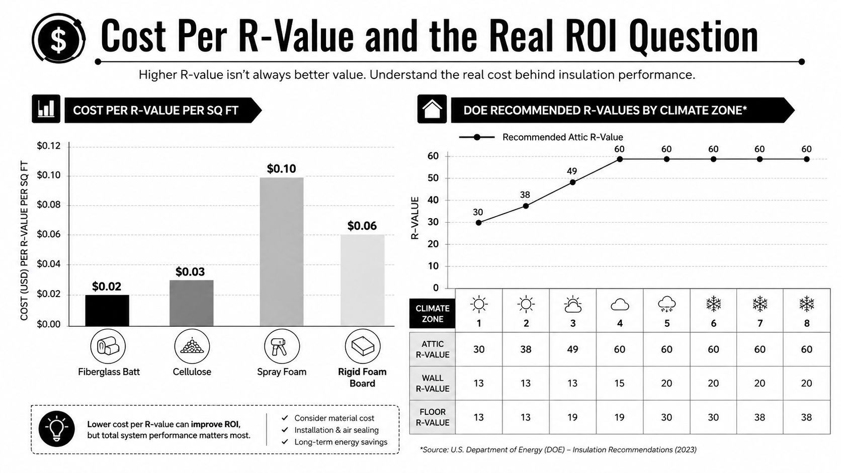 A chart comparing insulation material costs per R-value alongside DOE recommended insulation levels by climate zone.